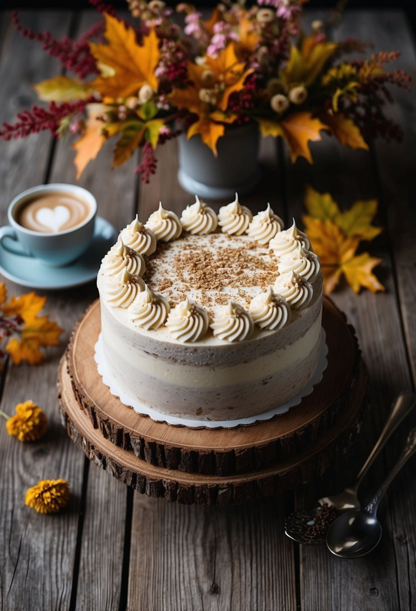 A rustic wooden table adorned with a Chai Latte Cake with Cream Cheese Frosting, surrounded by autumn foliage and delicate floral accents