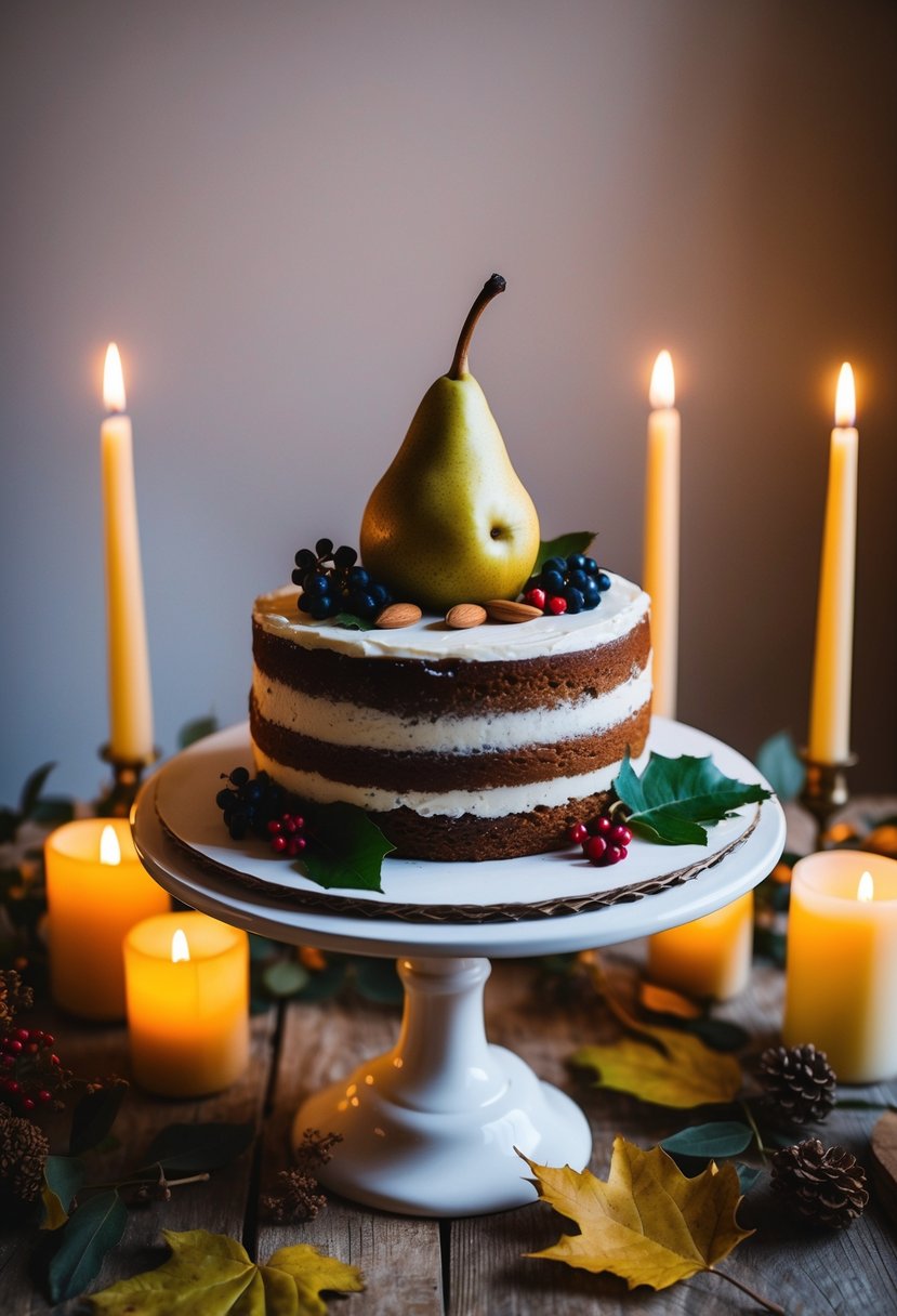 A rustic pear and almond cake sits atop a wooden table adorned with autumn leaves and berries, surrounded by flickering candles and vintage wedding decor