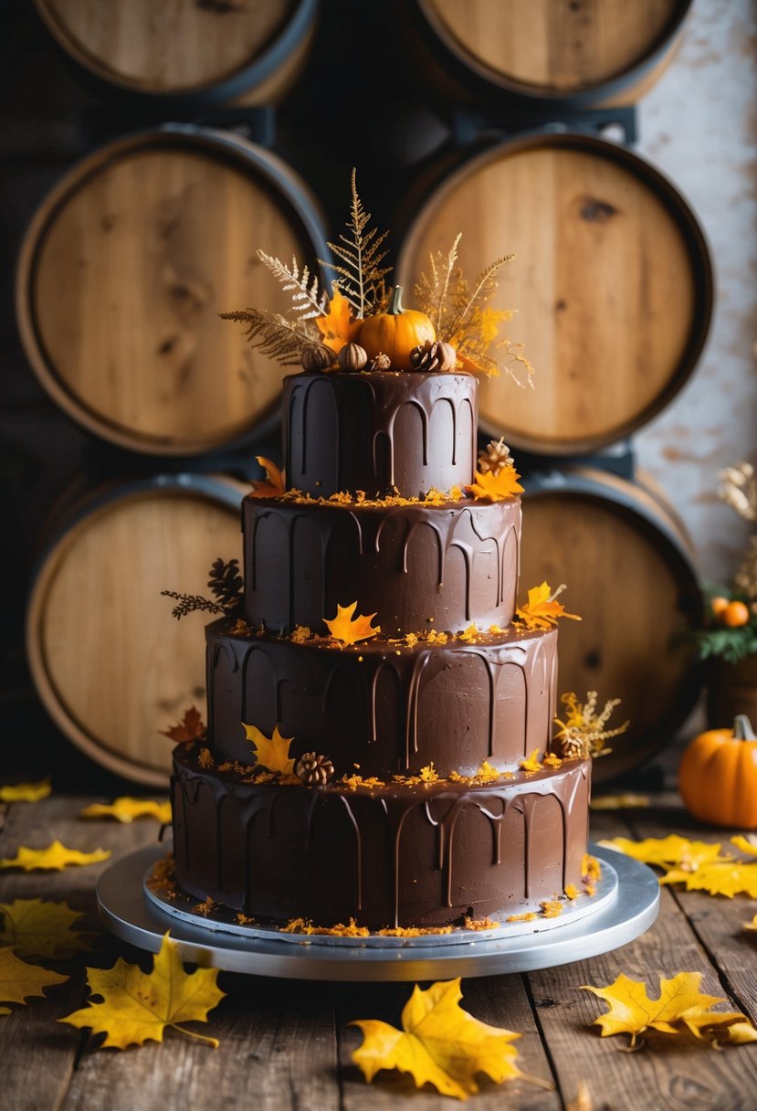 A three-tier chocolate ganache cake adorned with orange zest and autumn foliage, set against a rustic backdrop of wooden barrels and golden leaves