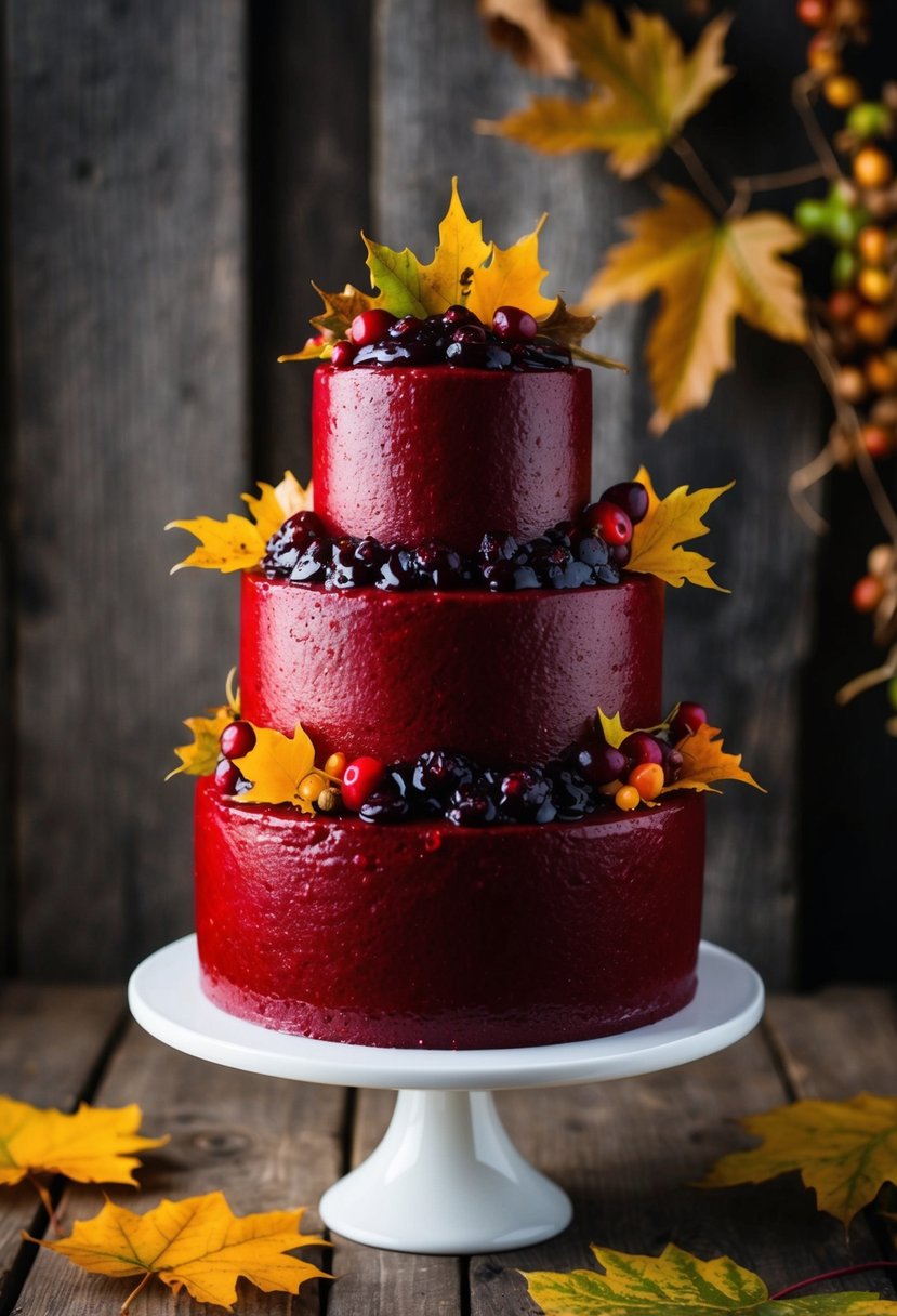 A three-tiered red velvet cake adorned with cranberry jam and autumn foliage, set against a rustic backdrop of wood and fall leaves