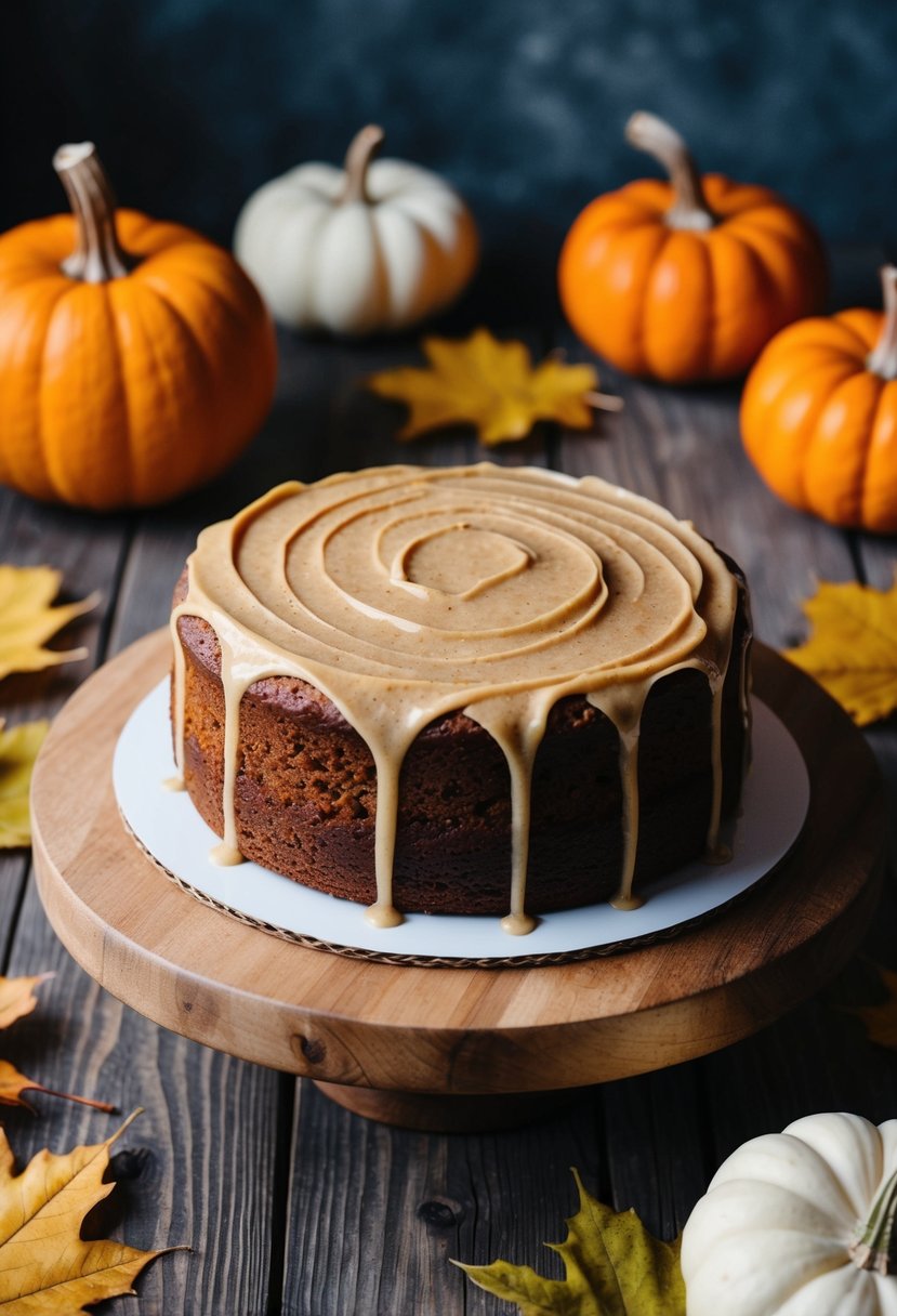 A rustic spice cake with brown butter icing sits on a wooden table surrounded by autumn leaves and pumpkins