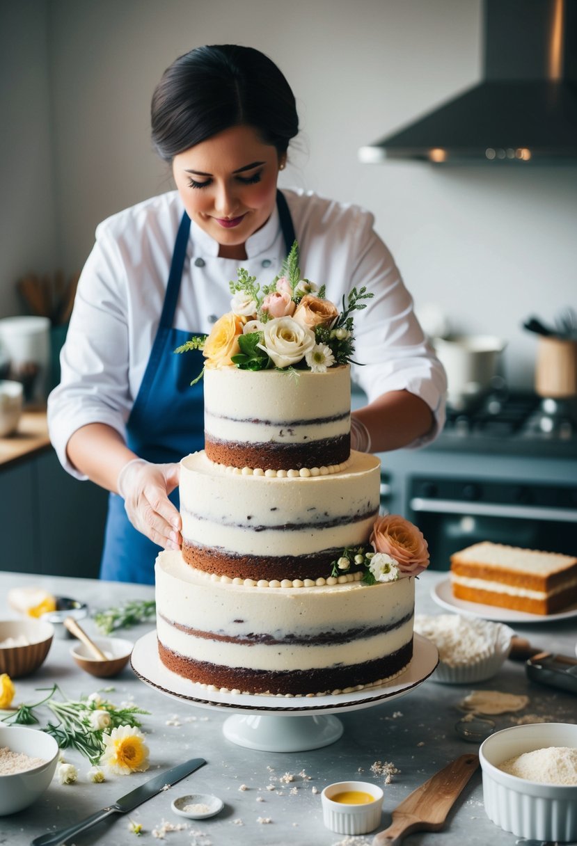 A baker carefully layers and decorates a tiered wedding cake with fresh flowers and intricate piping, surrounded by scattered baking tools and ingredients