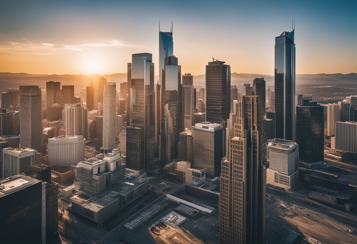 A bustling city skyline with various commercial real estate buildings, including office towers, retail spaces, and industrial warehouses. The scene is alive with activity, showcasing the diverse range of projects in the industry