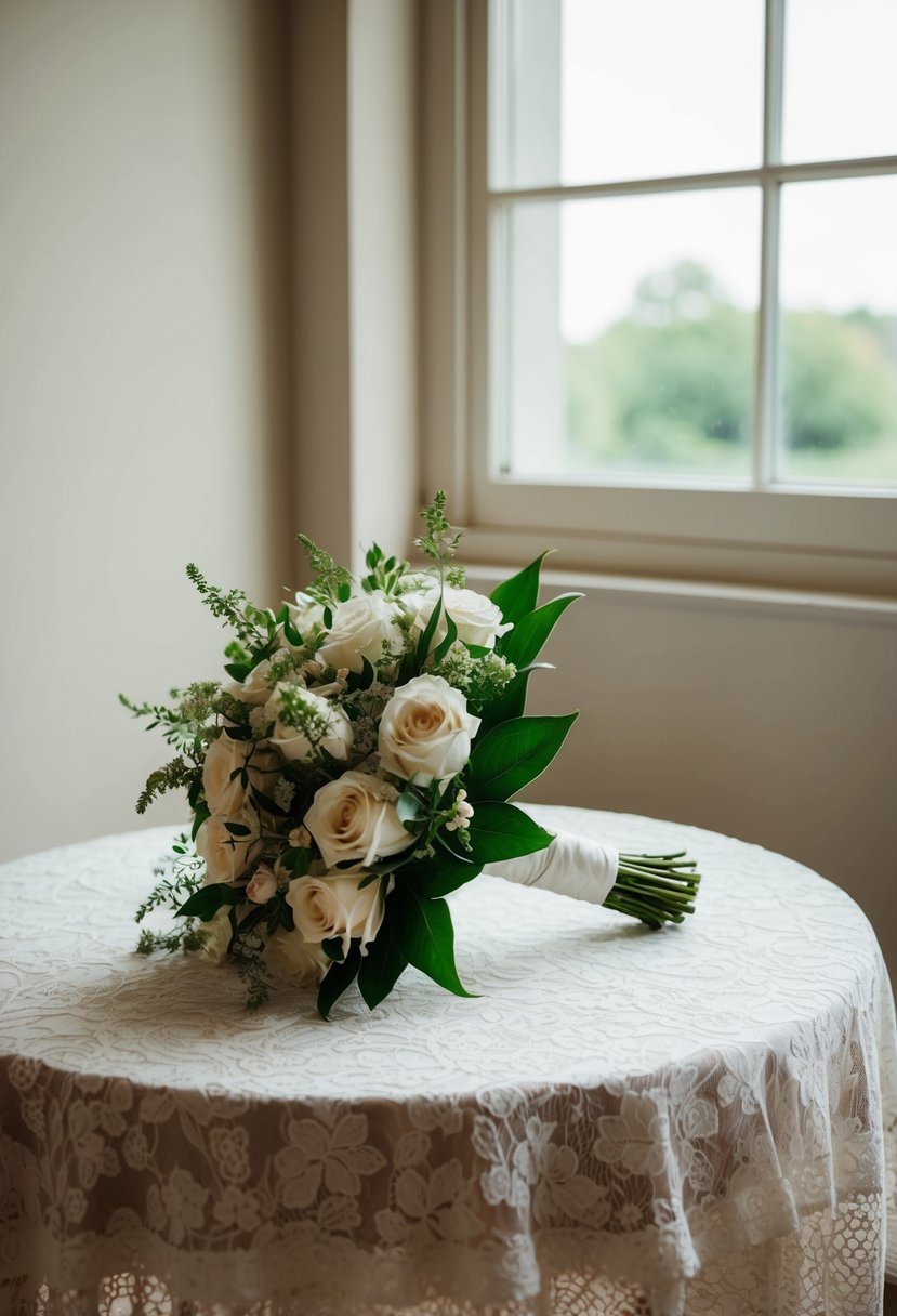 A bride's bouquet resting on a lace-covered table, with soft natural light streaming in from a nearby window, casting delicate shadows