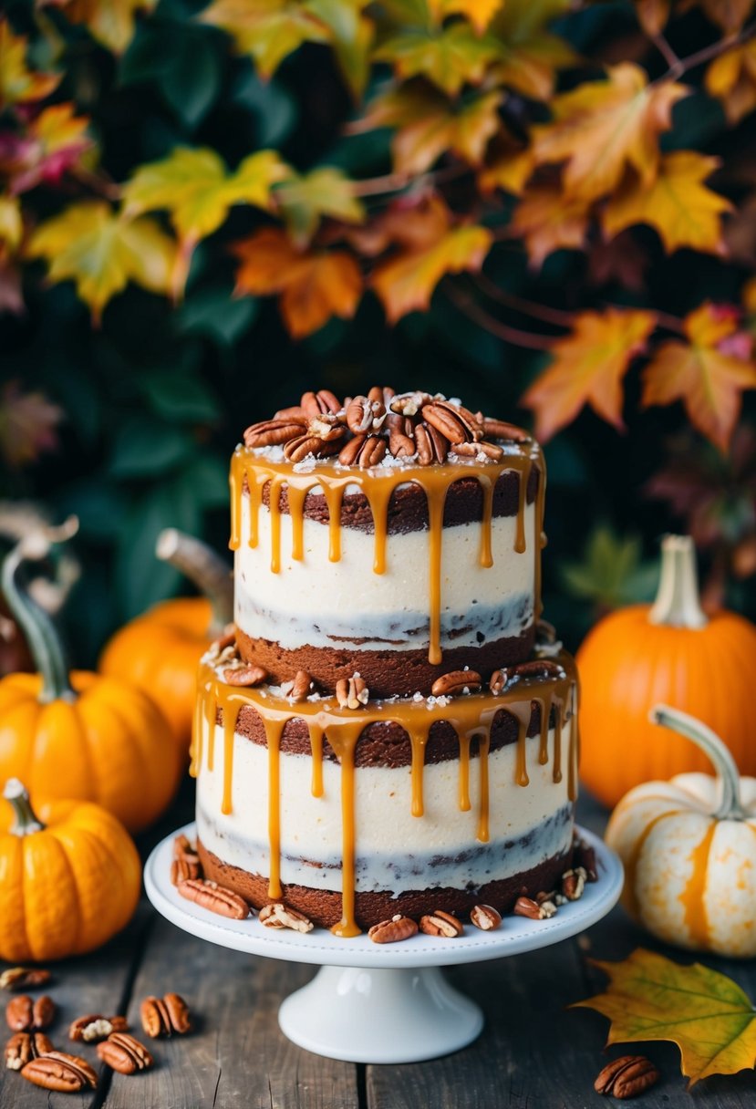 A rustic, three-tiered cake adorned with salted caramel drizzle and pecans, set against a backdrop of autumn leaves and pumpkins