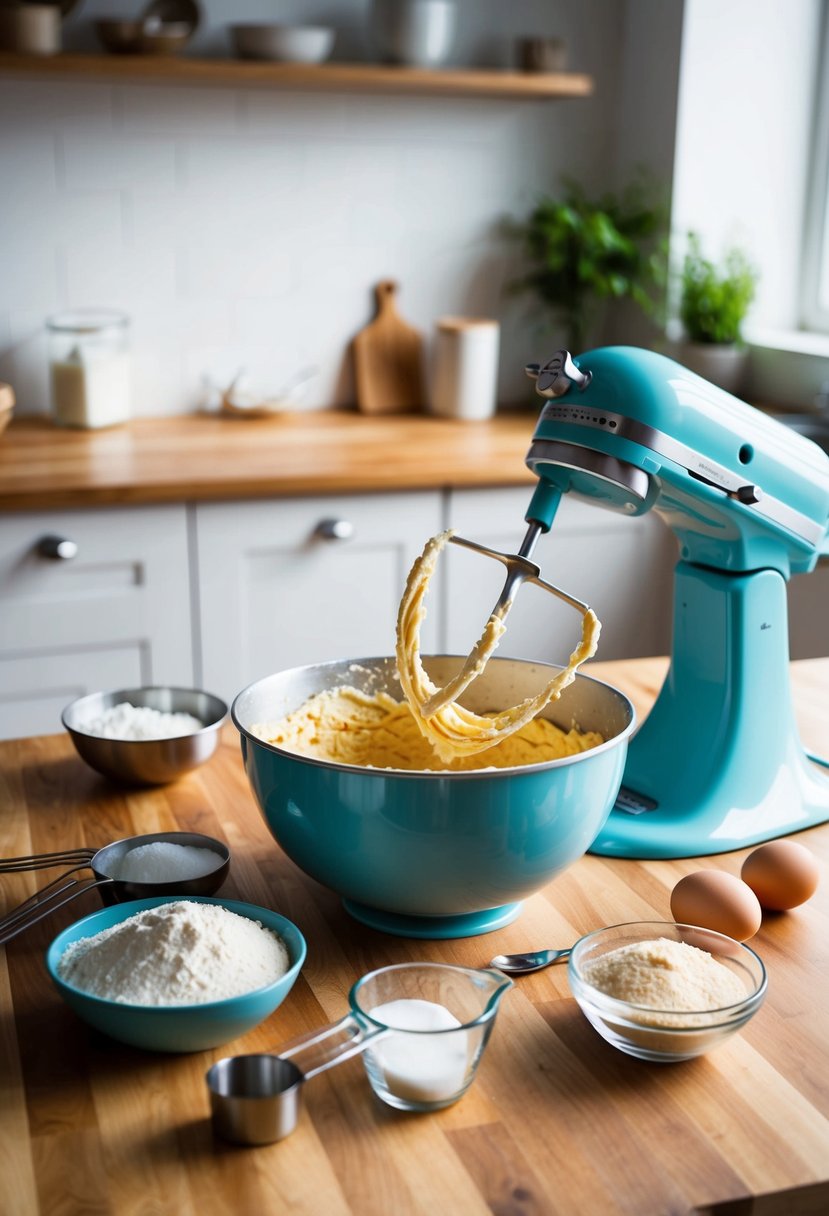 A kitchen counter with a mixing bowl, measuring cups, flour, sugar, and eggs. A stand mixer is running, and a cake pan is being filled with batter