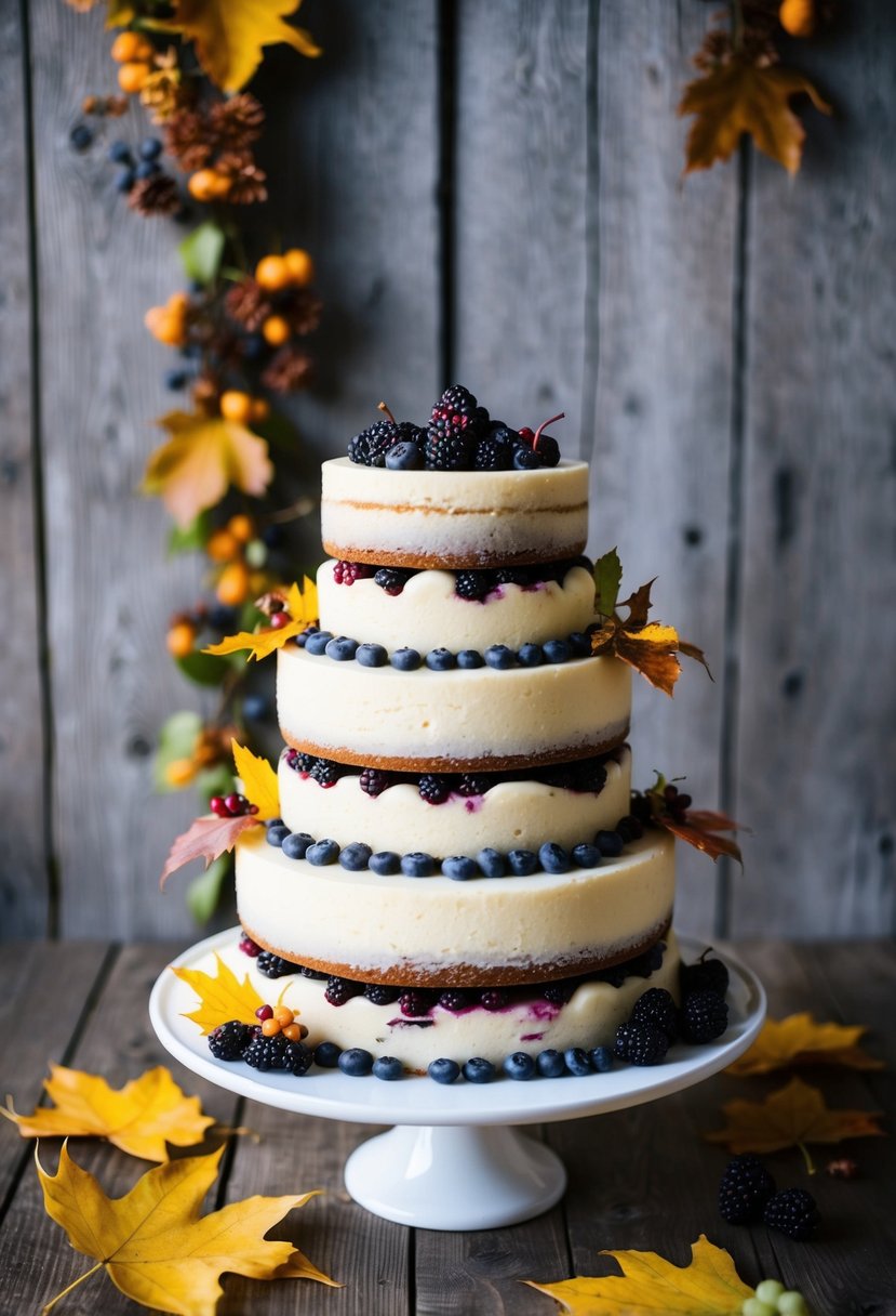 A tiered vanilla bean cake with blackberry filling, adorned with autumn leaves and berries, set against a rustic wooden backdrop