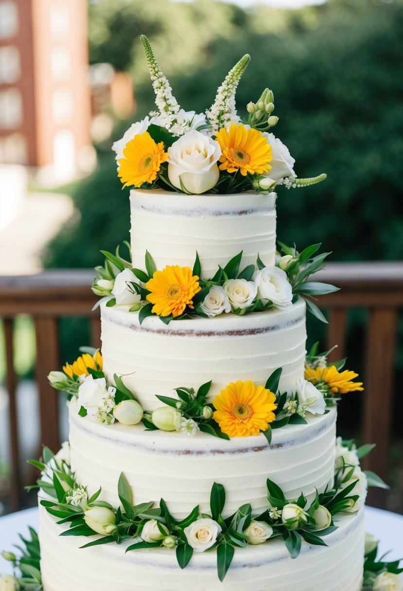 Fresh flowers arranged on a tiered wedding cake, adding a natural and elegant touch