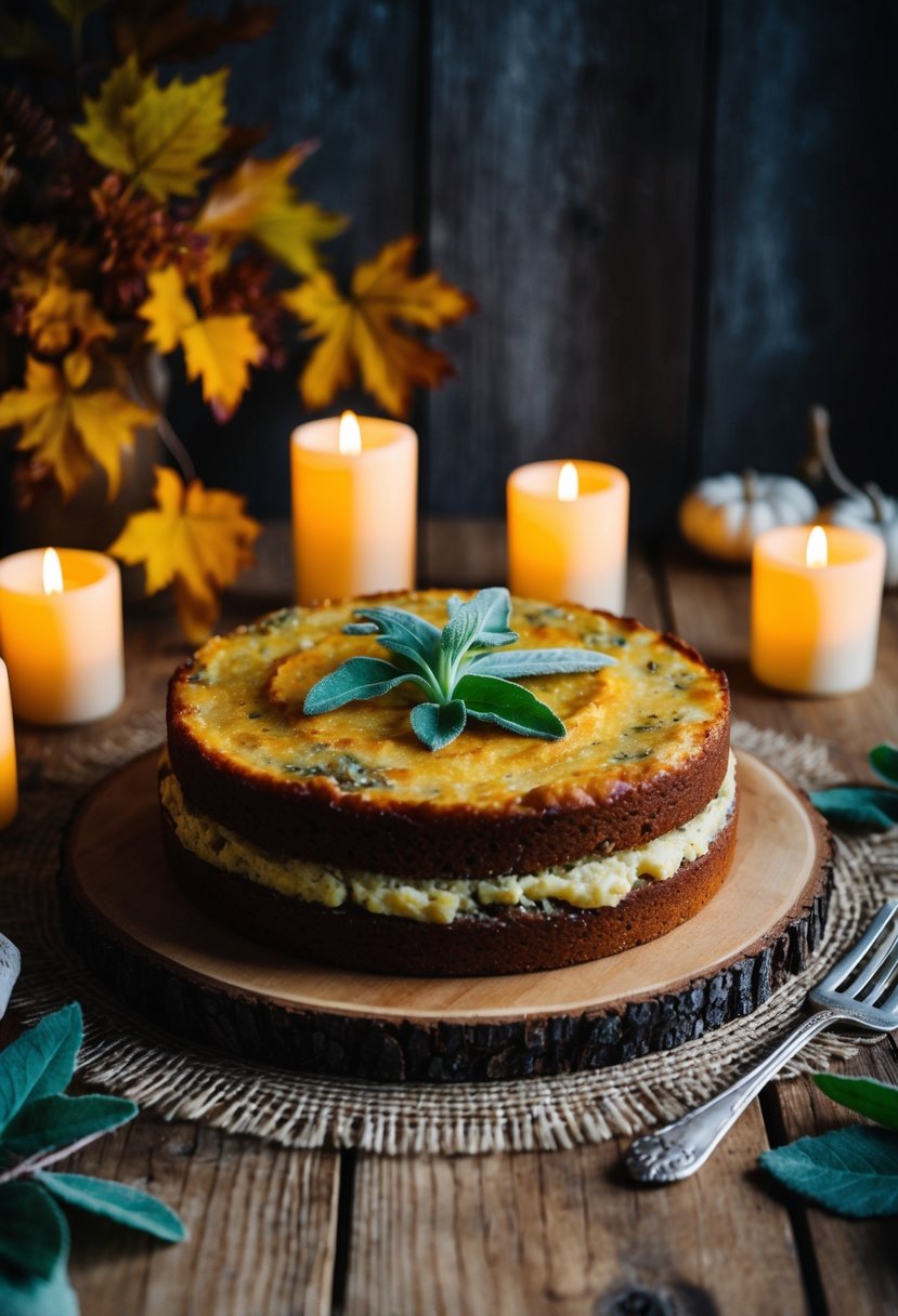 A rustic wooden table adorned with a burnt butter and sage cake, surrounded by autumn foliage and glowing candlelight