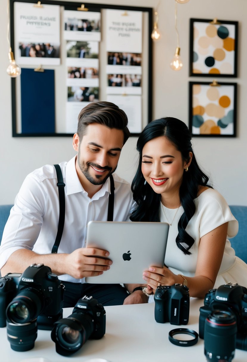 A couple reviewing wedding photography tips together, surrounded by camera gear and a mood board for inspiration