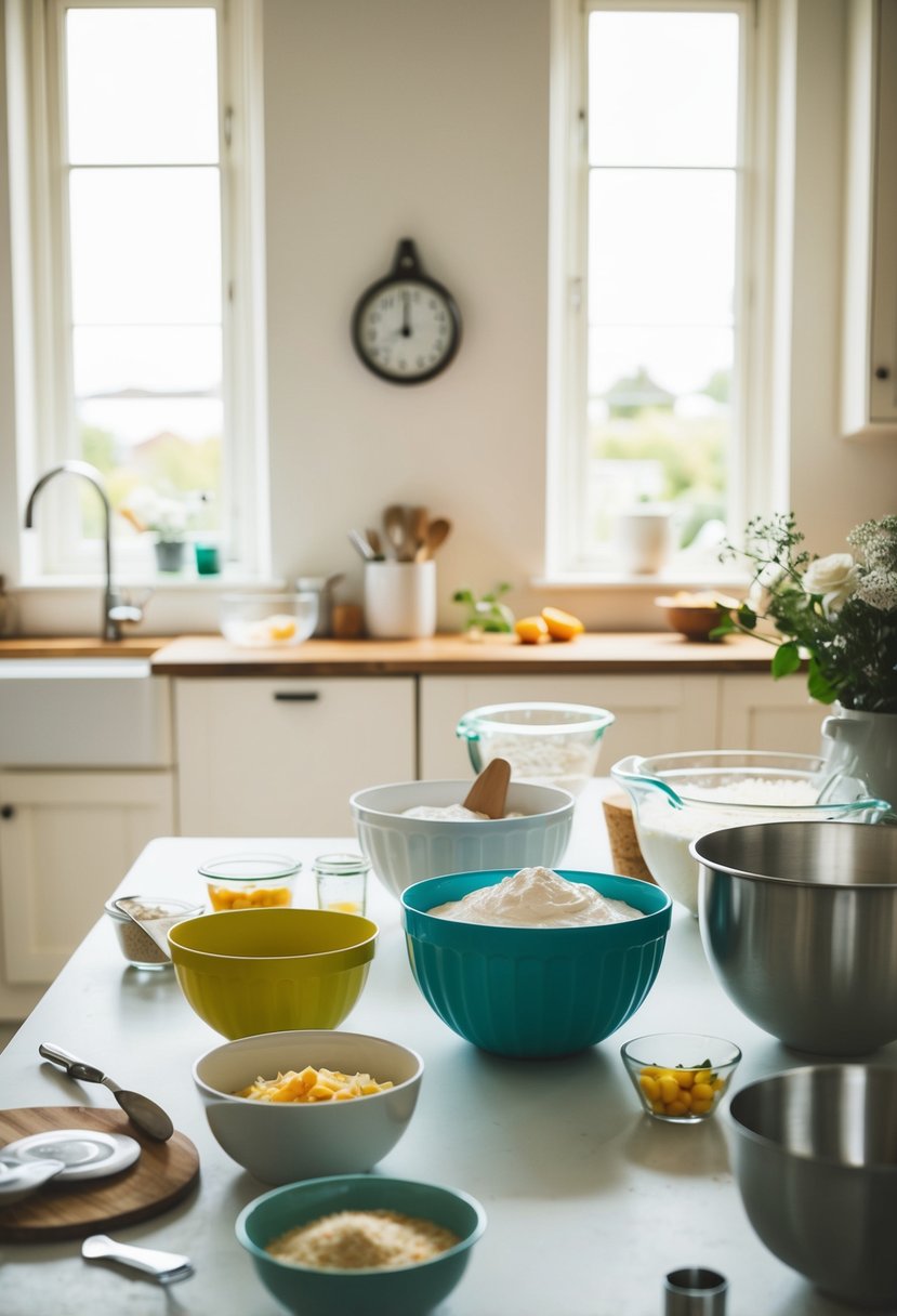 A kitchen table with ingredients, mixing bowls, and baking tools for making a wedding cake