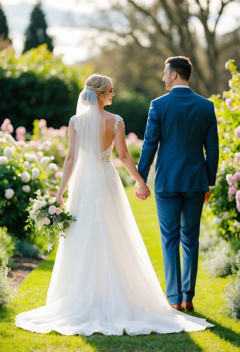 A bride and groom holding hands, standing in a beautiful outdoor setting with soft natural lighting, surrounded by blooming flowers and lush greenery