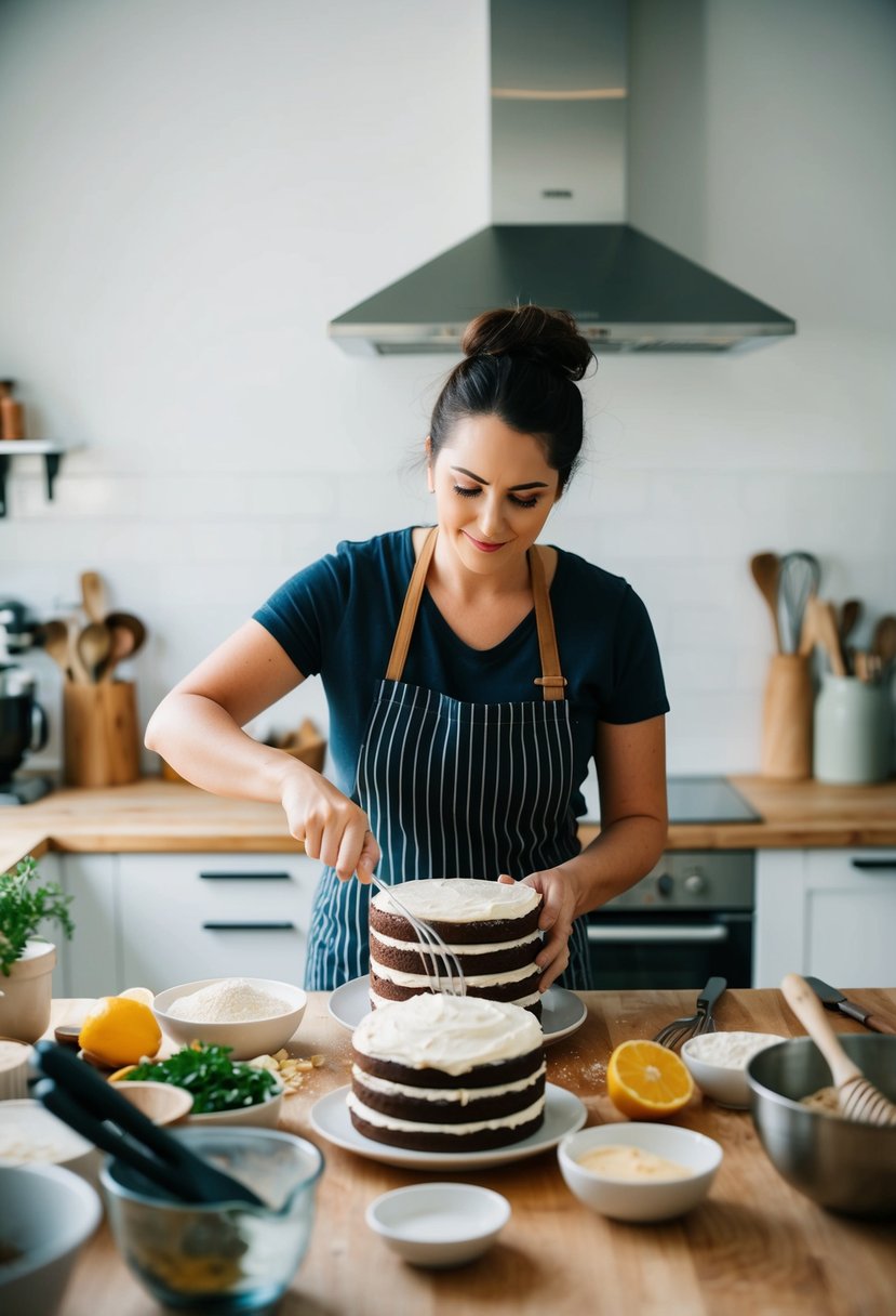 A baker in a kitchen, surrounded by ingredients and utensils, mixing and baking multiple cake layers with focus and determination