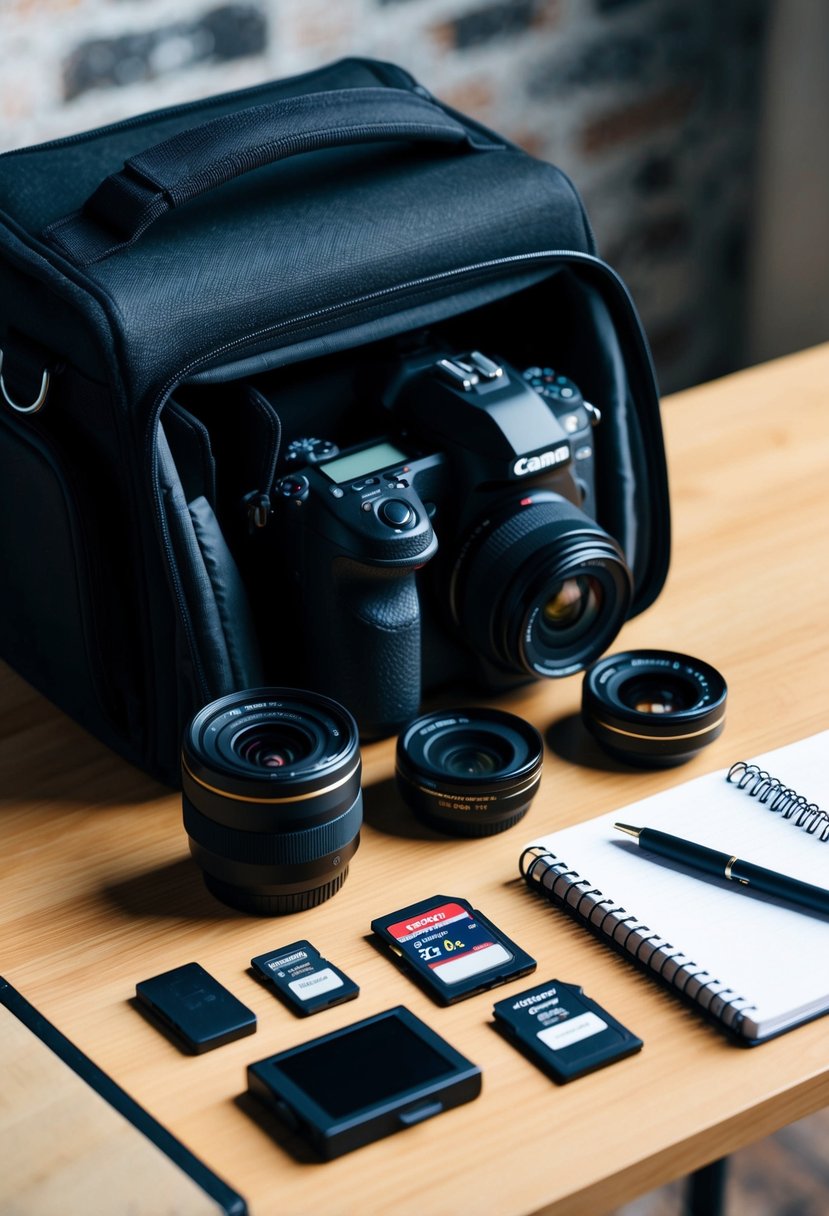 A camera bag open on a table, with lenses, memory cards, and a camera laid out neatly alongside a notebook and pen