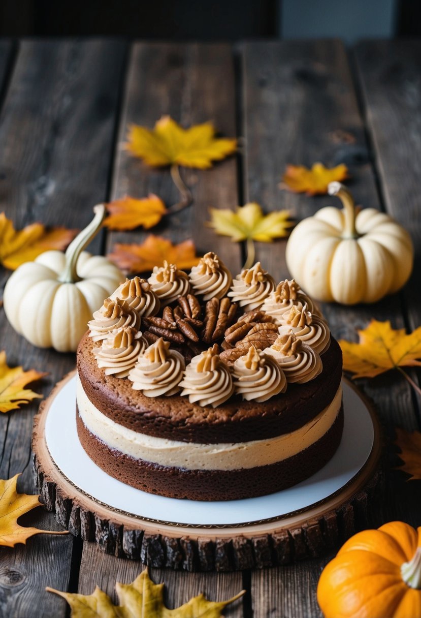 A rustic wooden table adorned with a decadent walnut cake topped with maple buttercream, surrounded by autumn leaves and small gourds