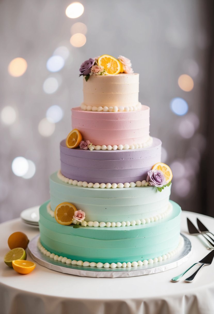 A colorful, multi-tiered wedding cake with delicate, pastel-colored frosting in shades of pink, lavender, and mint green, complementing the flavors of vanilla, chocolate, and citrus