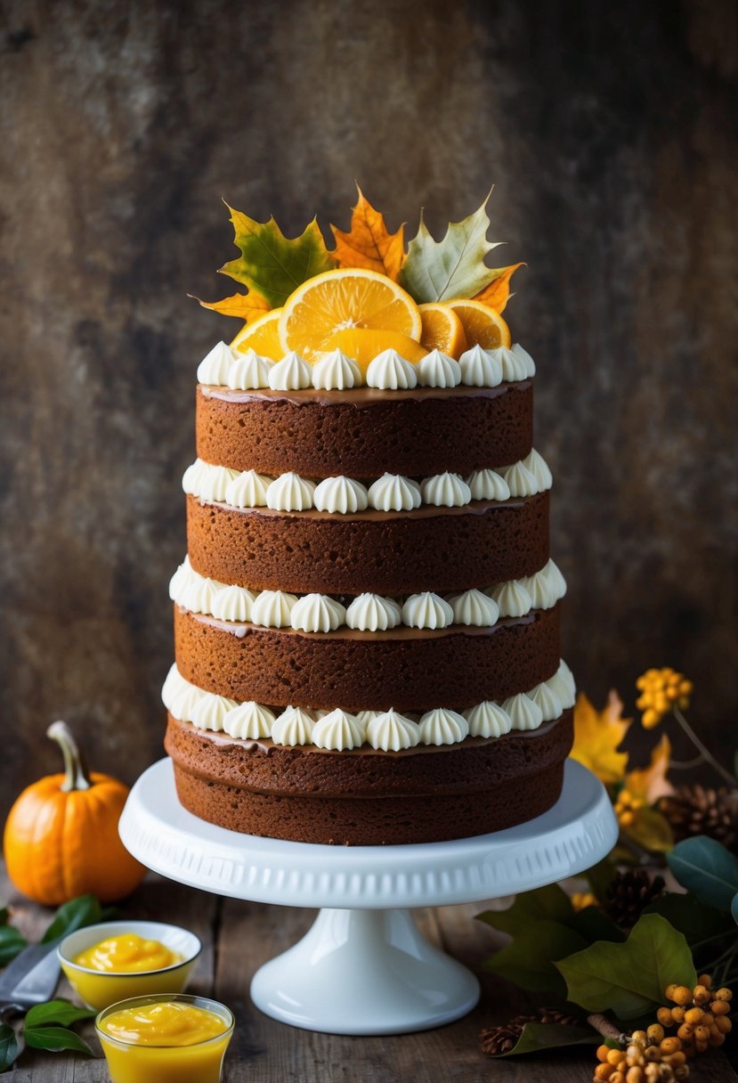 A towering gingerbread layer cake adorned with citrus curd and autumn foliage, set against a rustic backdrop