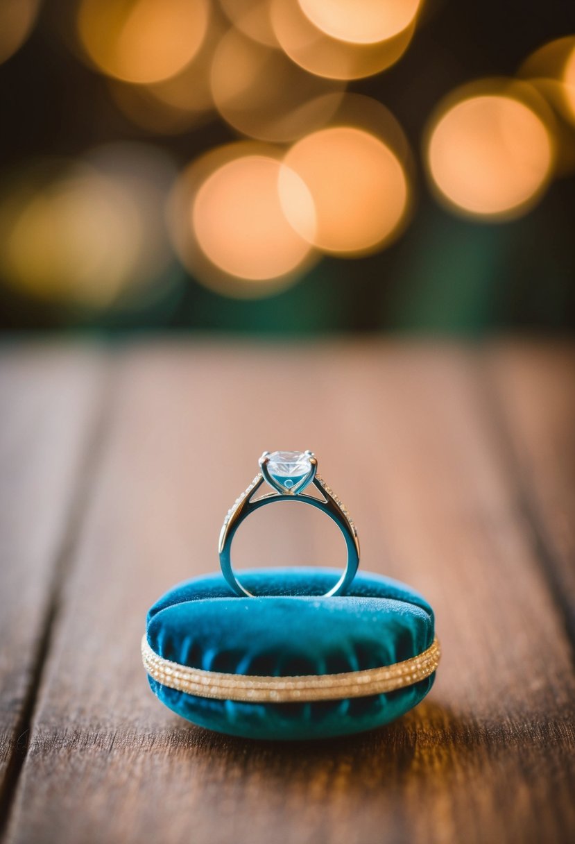 A wedding ring placed on a velvet cushion under soft, diffused lighting