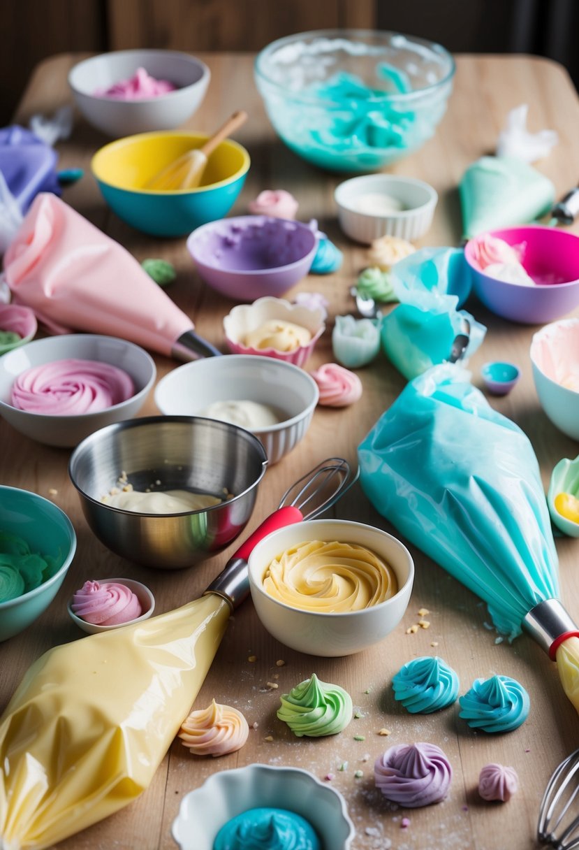 A table scattered with icing bags, mixing bowls, and a variety of colorful frosting in shades of pastel and jewel tones