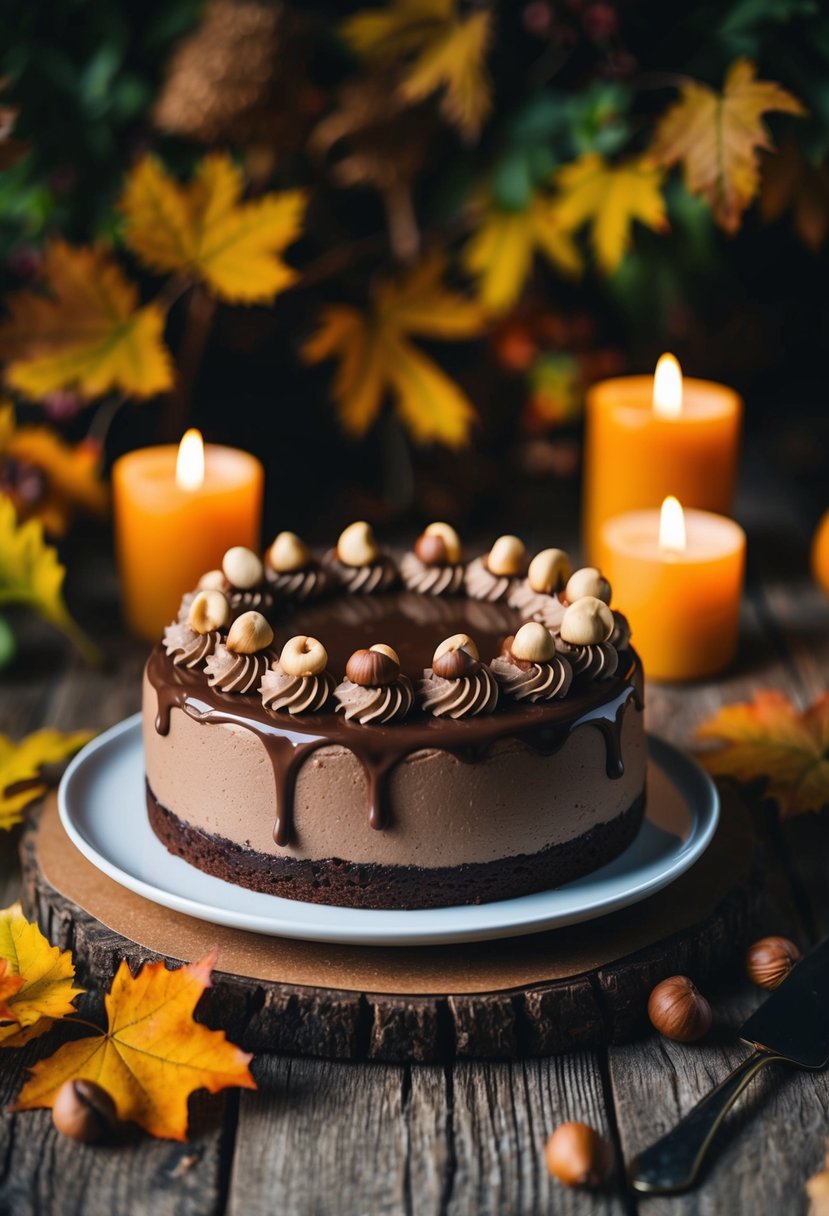 A mocha cake adorned with hazelnut praline sits on a rustic wooden table, surrounded by autumn foliage and warm candlelight