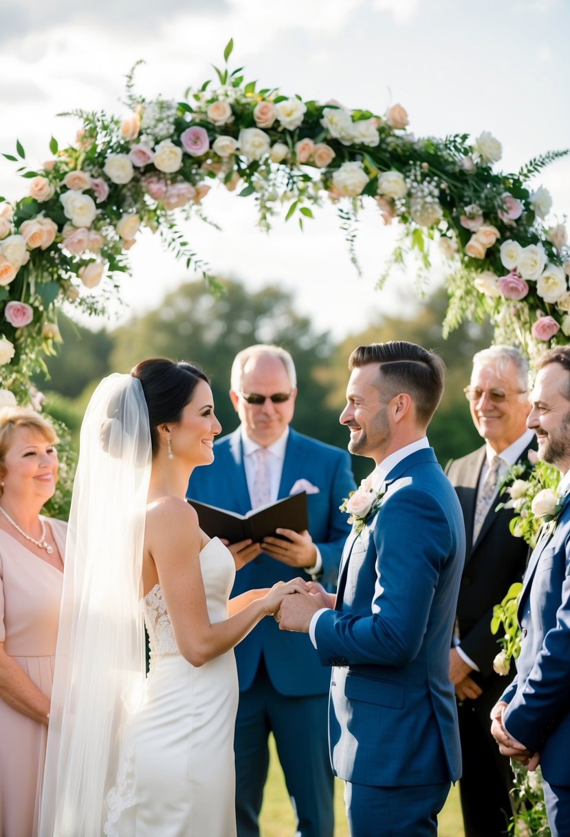 A couple exchanging vows under a floral arch, surrounded by family and friends. The bride's veil catches the breeze as the groom looks lovingly into her eyes