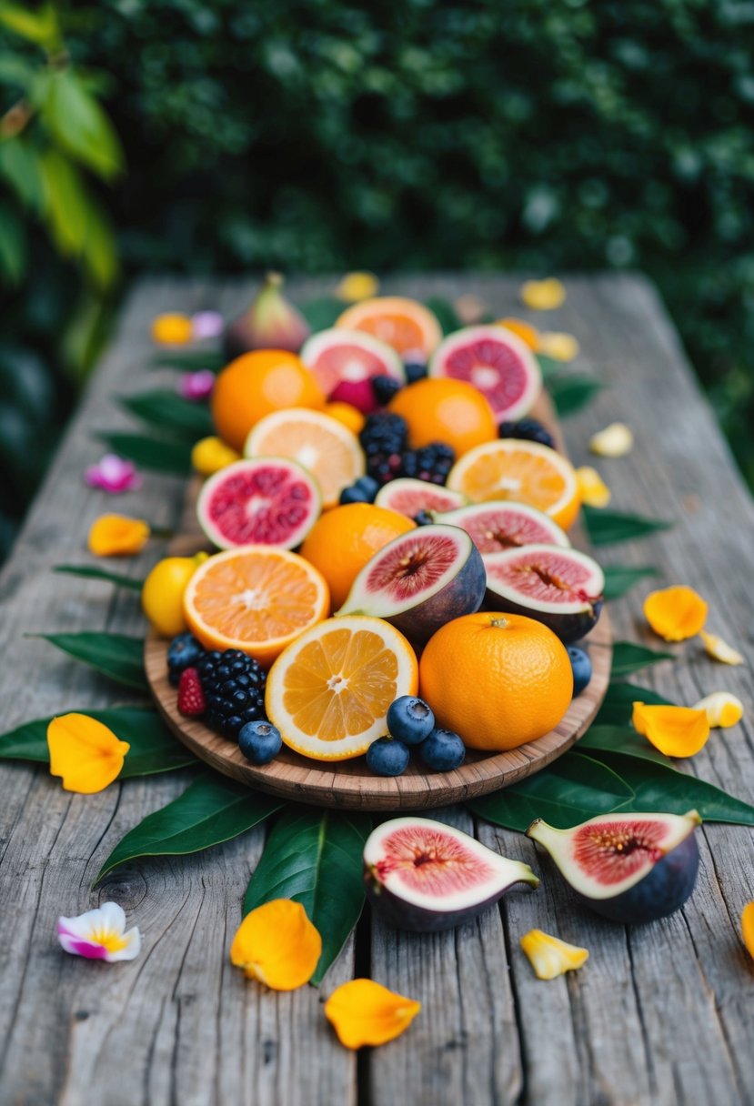 A rustic wooden table adorned with a variety of seasonal fruits such as berries, citrus, and figs, surrounded by scattered flower petals, set against a backdrop of lush greenery