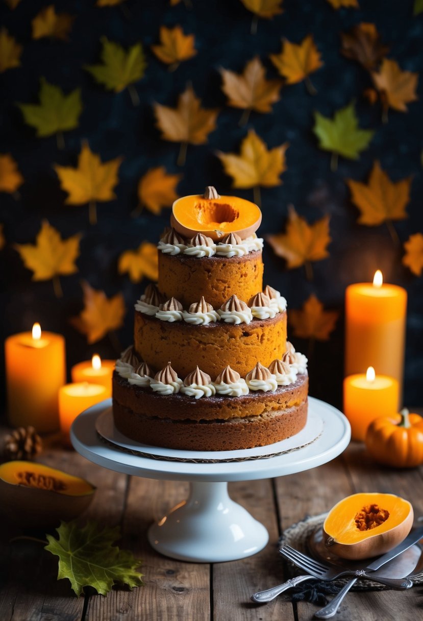 A rustic autumn wedding cake adorned with butternut squash and cinnamon cream, set against a backdrop of falling leaves and warm candlelight