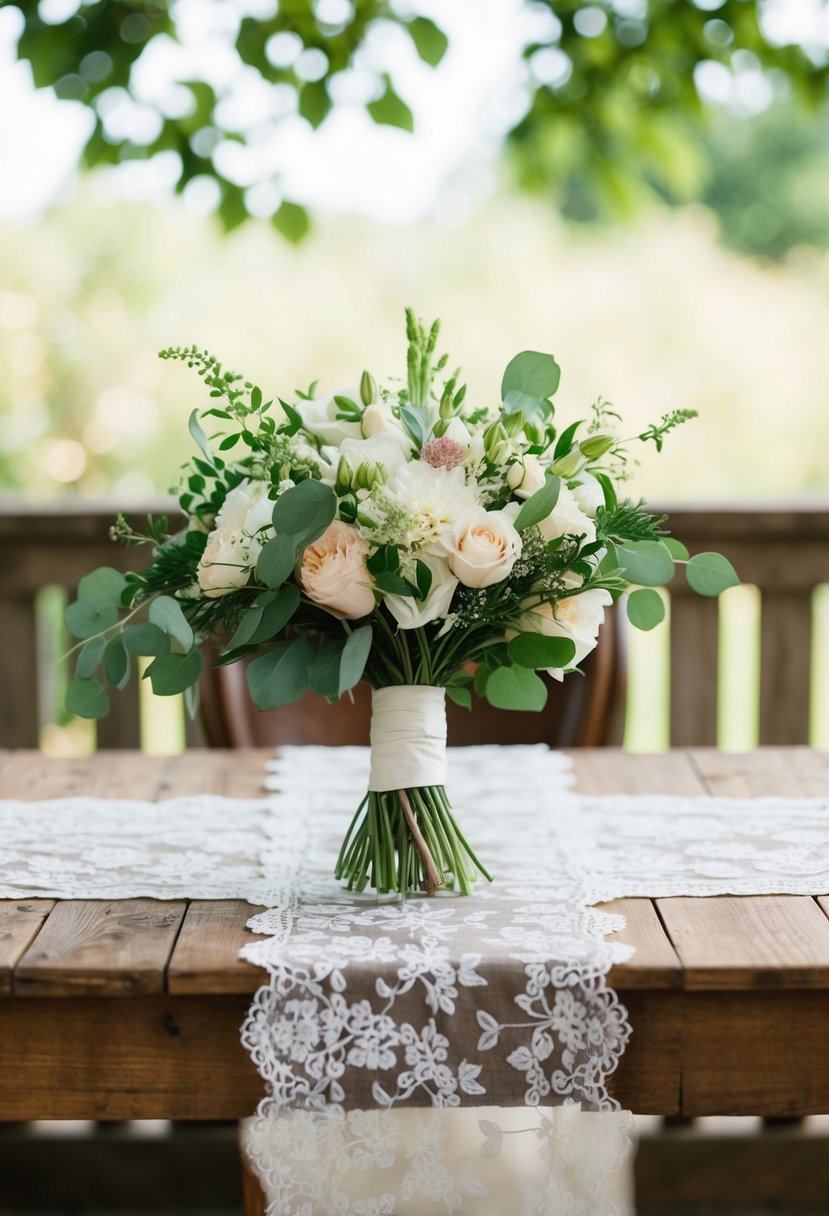 A bride's bouquet sits on a rustic wooden table, framed by soft focus greenery and a vintage lace table runner