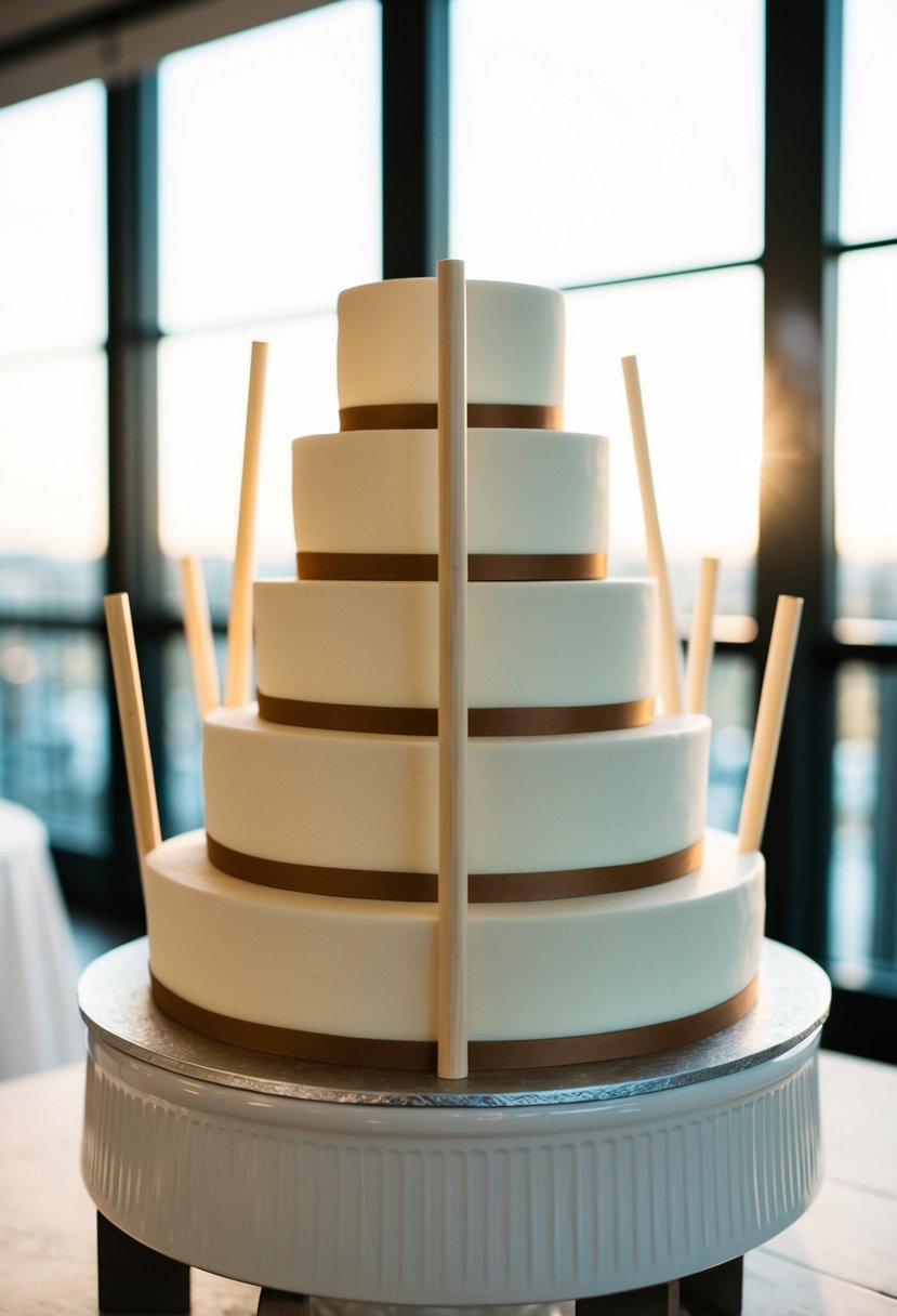 A multi-tiered wedding cake being supported by evenly spaced dowels to test its stability