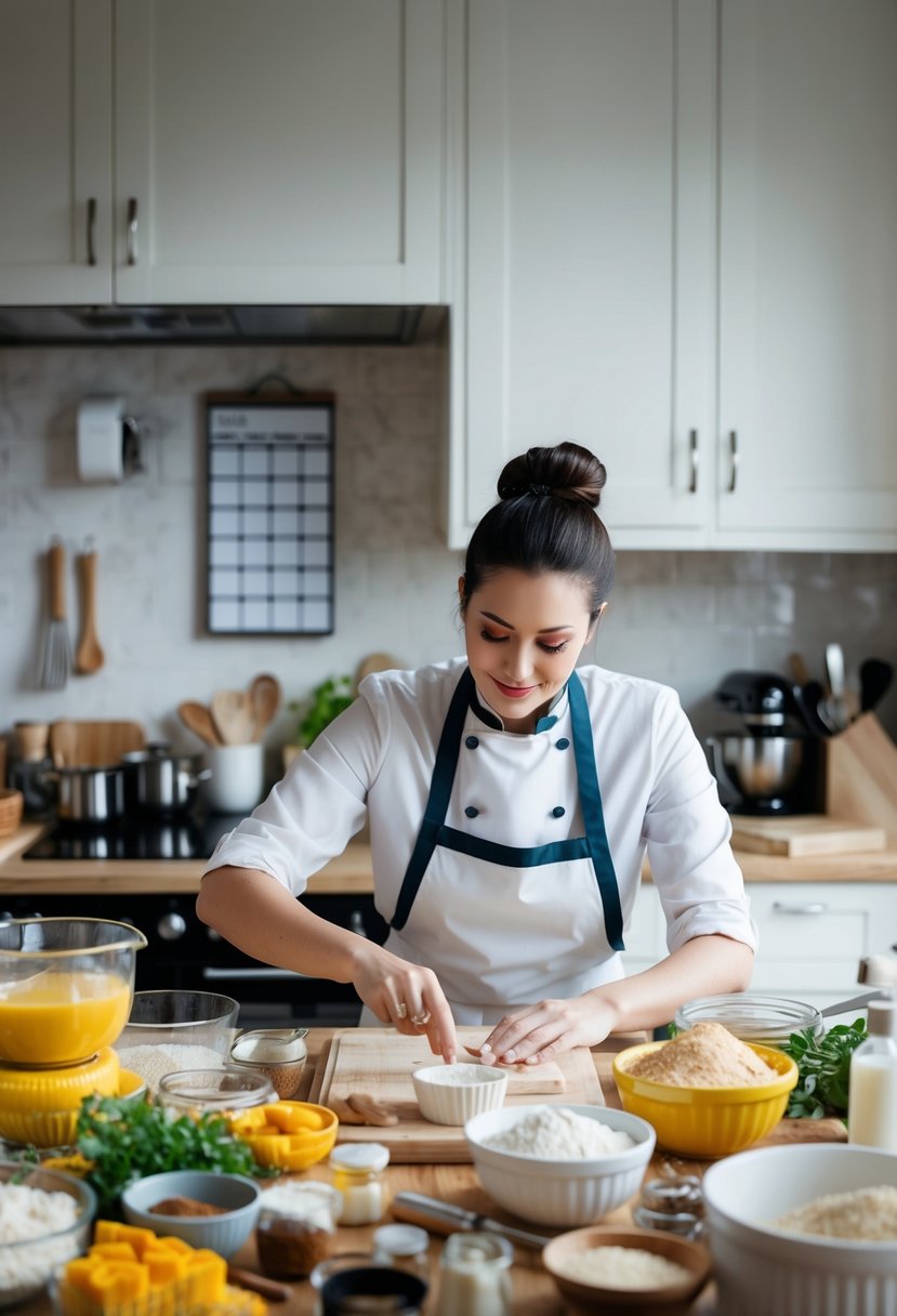 A cluttered kitchen with ingredients and baking tools laid out neatly, a calendar with marked dates, and a serene baker focused on planning