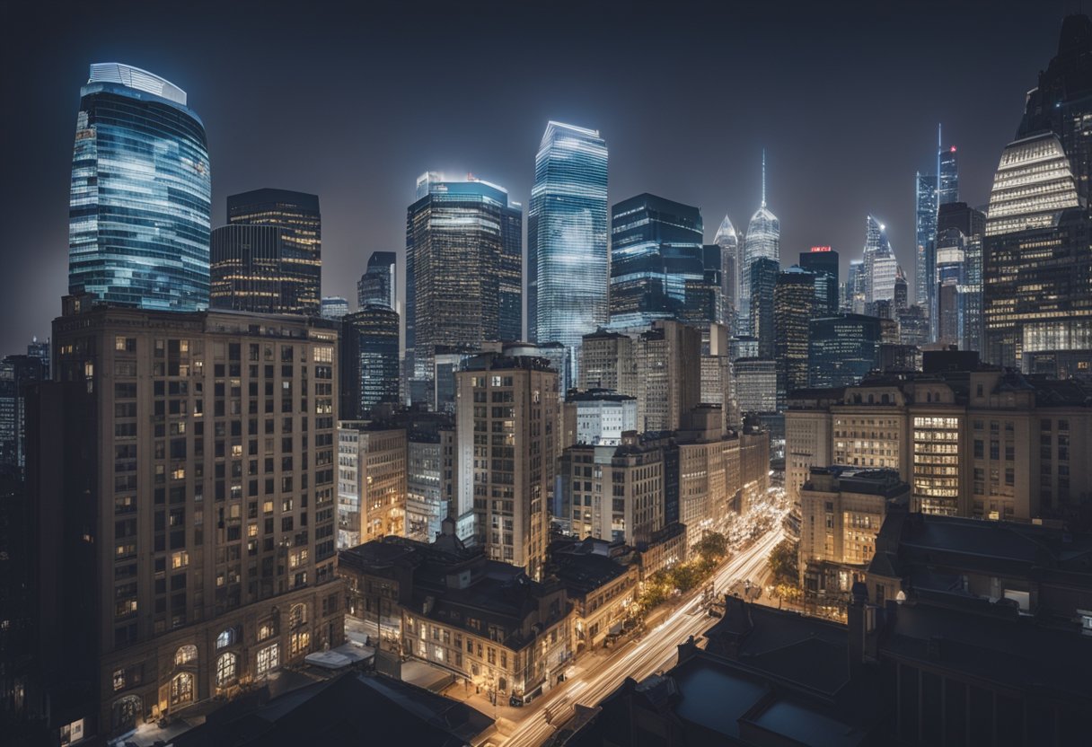 A bustling city skyline with a mix of modern high-rise buildings and historic architecture, surrounded by busy streets and bustling with activity