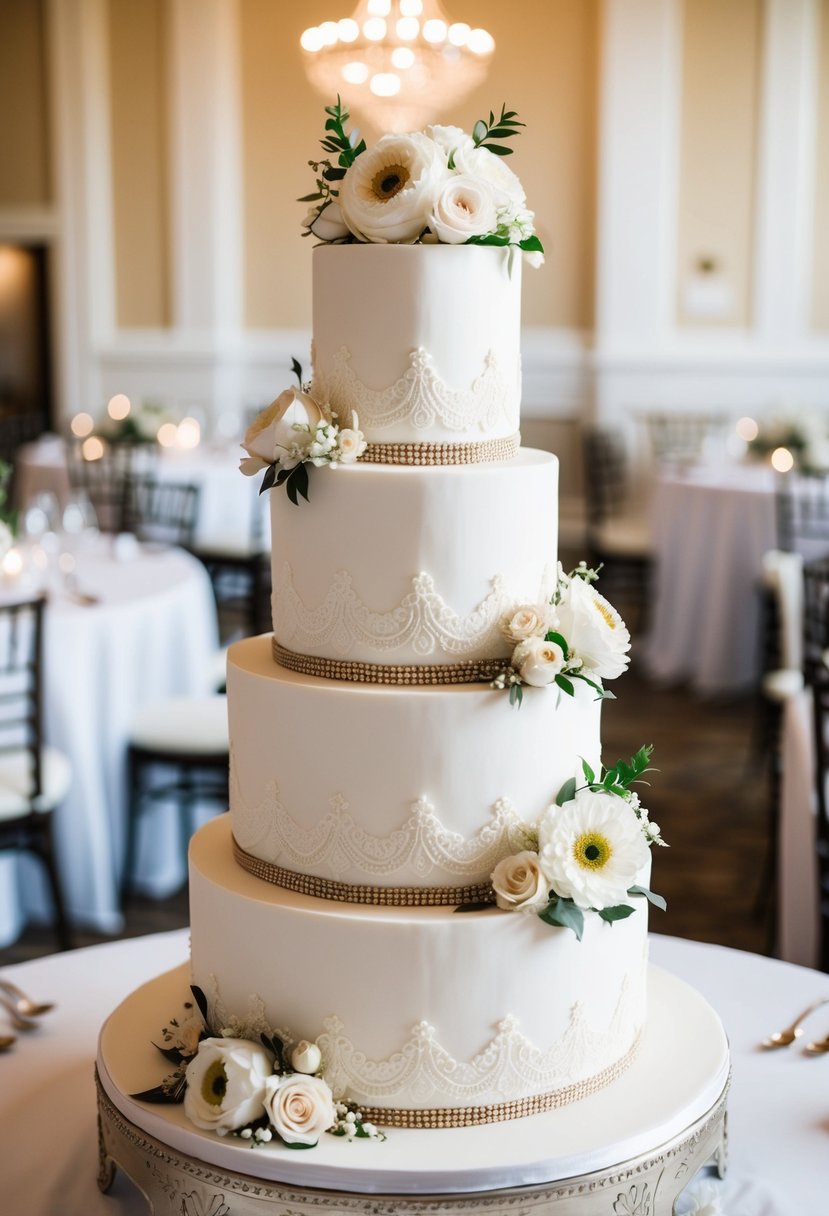 A tiered wedding cake adorned with floral and lace details, matching the elegant and romantic decor of the venue