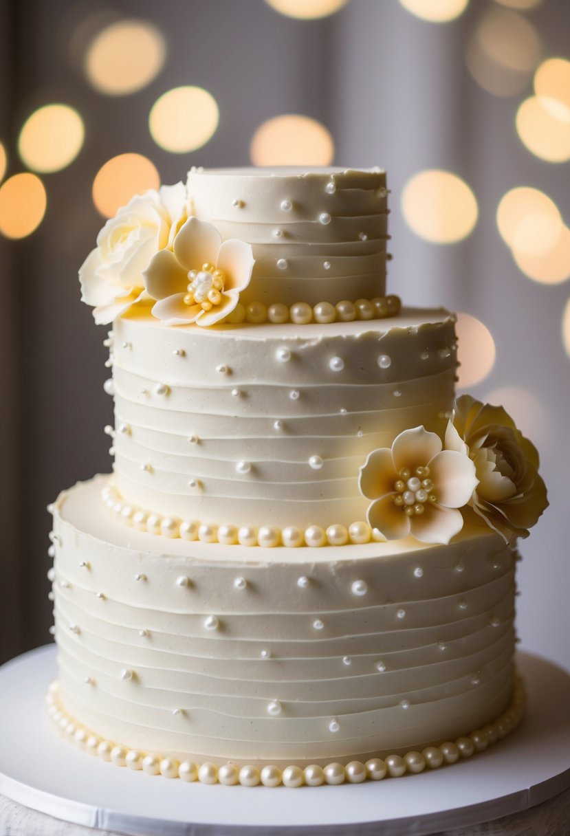 A wedding cake adorned with textured icing, fondant flowers, and edible pearls