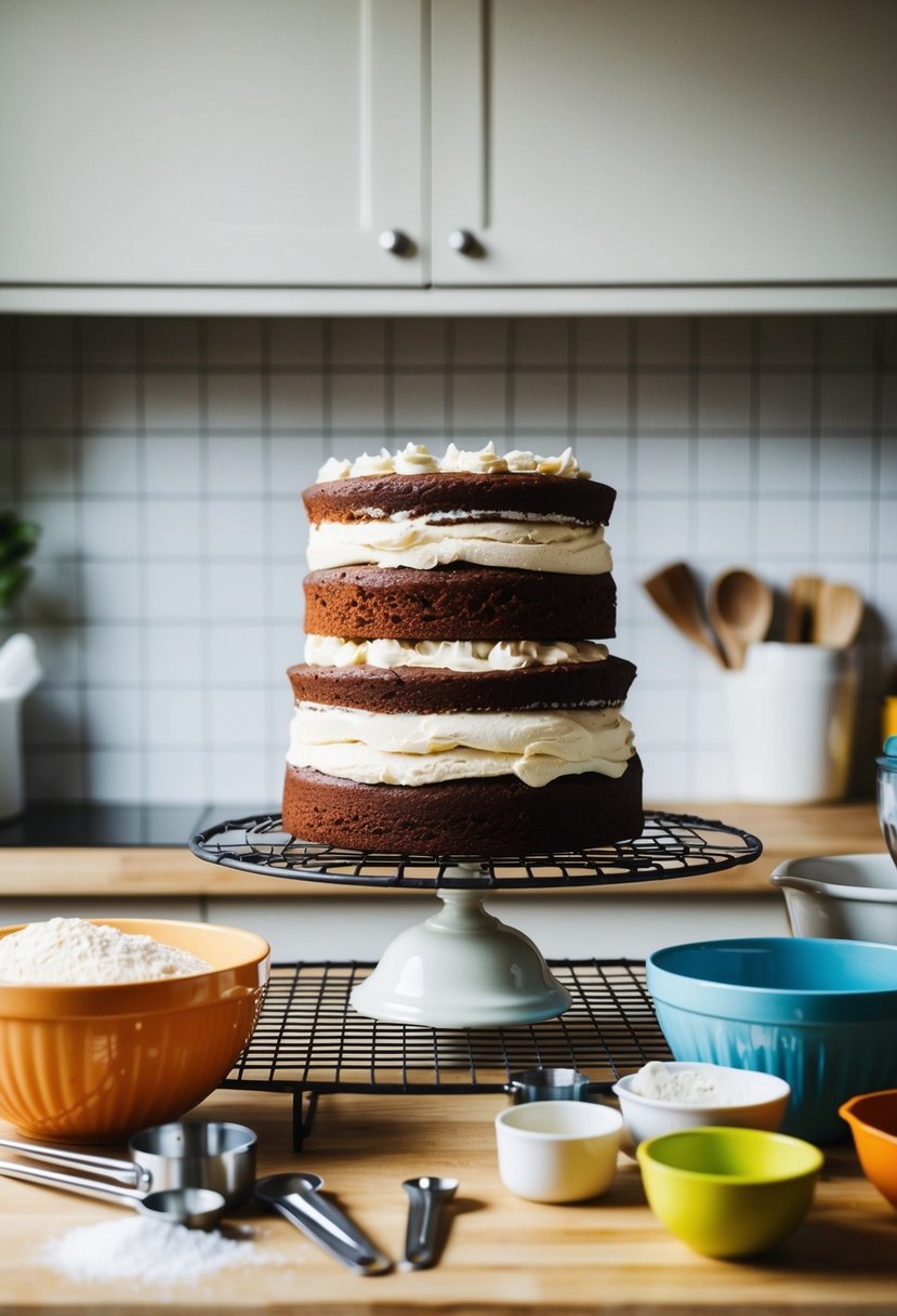 Three cake layers on a cooling rack, surrounded by mixing bowls, measuring cups, and ingredients on a kitchen counter