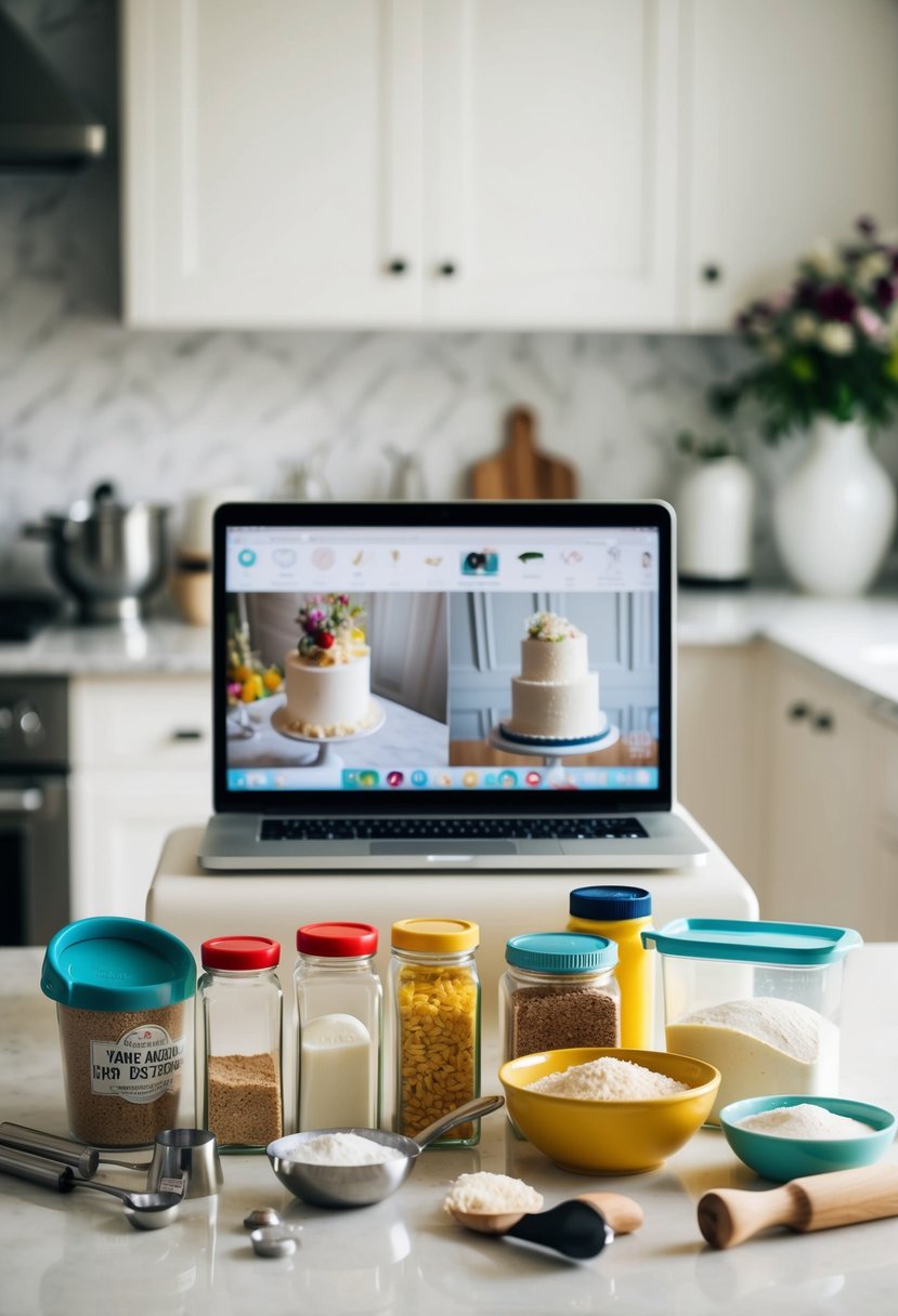 An array of baking tools and ingredients arranged on a clean kitchen counter, with a laptop playing wedding cake tutorials in the background