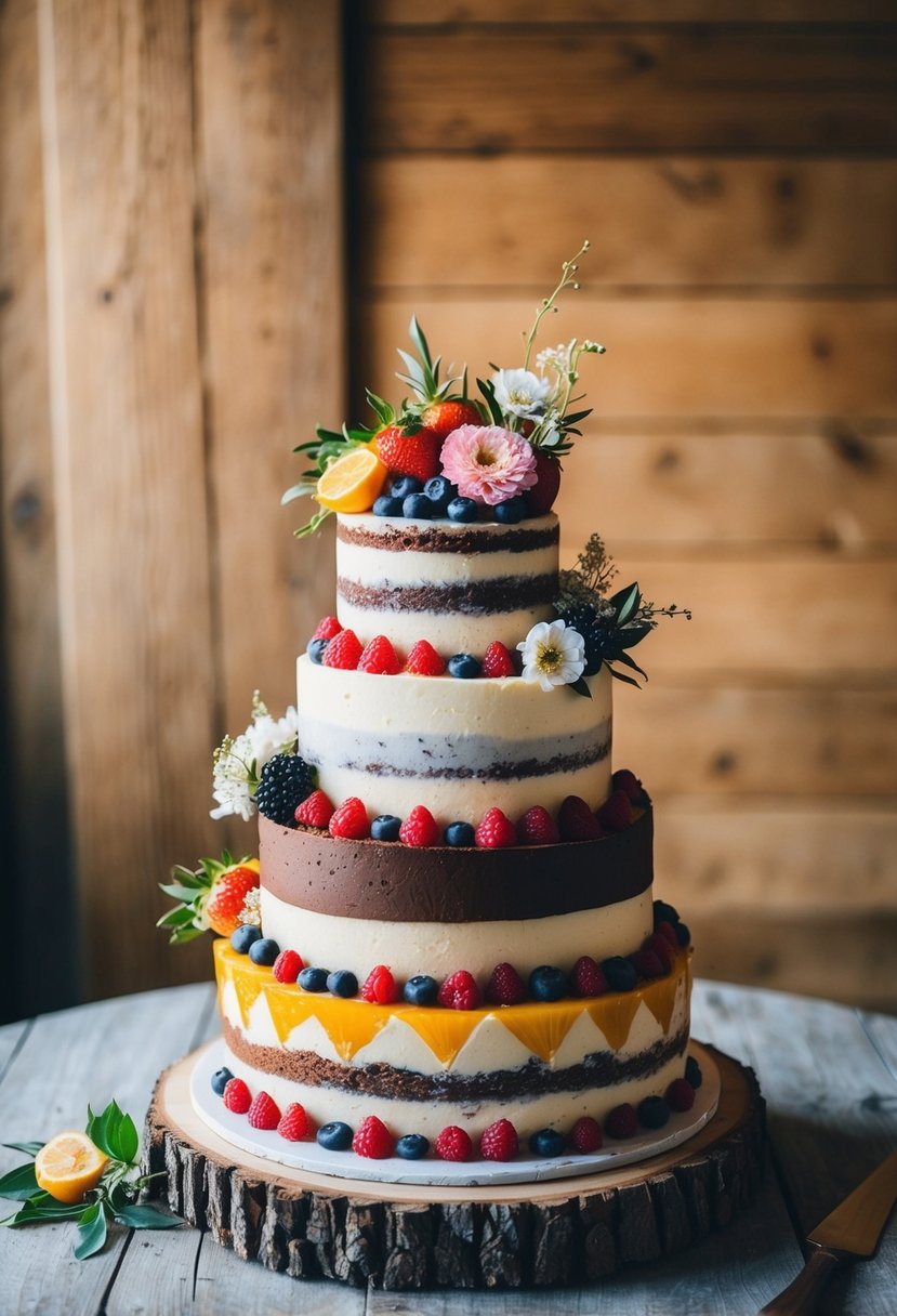 A wedding cake with tiers of fruit, chocolate, and vanilla layers, adorned with fresh berries and edible flowers, set on a rustic wooden table