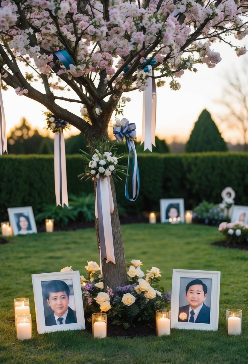 A serene garden with a blooming tree adorned with ribbons and flowers, surrounded by candles and framed photos of the deceased loved ones