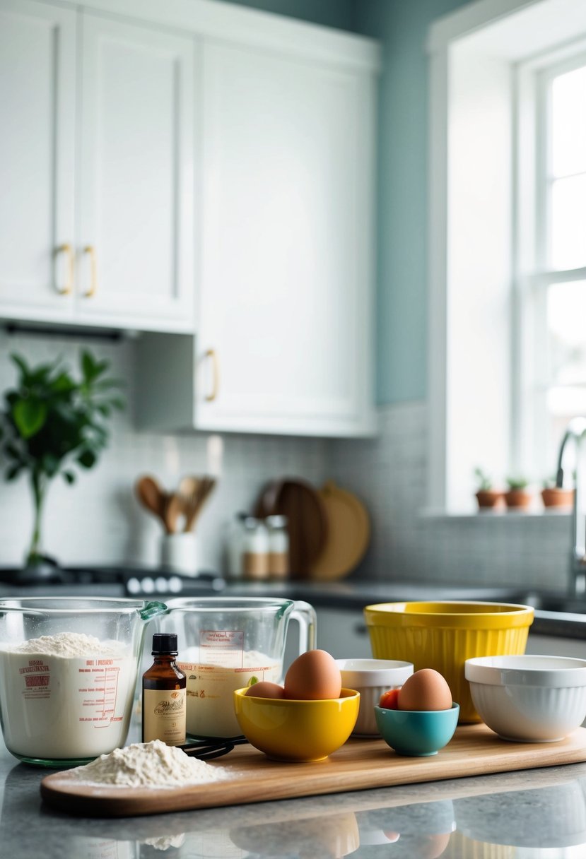 A well-stocked kitchen counter with fresh, high-quality ingredients like flour, eggs, and vanilla extract, along with measuring cups and mixing bowls