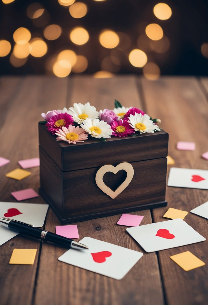 A wooden box adorned with flowers and a heart-shaped slot, surrounded by scattered cards and a pen