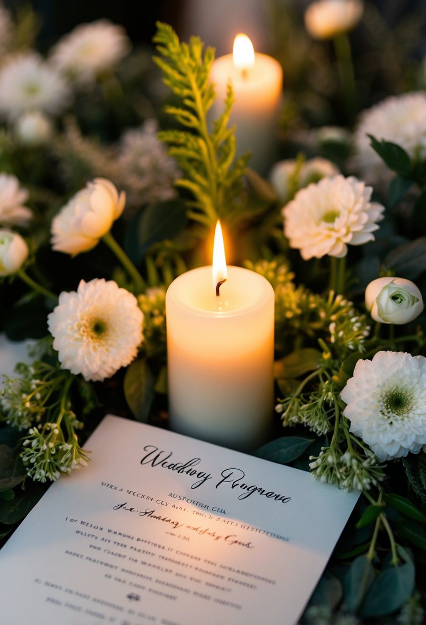 A single lit candle surrounded by delicate white flowers and greenery, casting a warm glow on the wedding program with a heartfelt quote