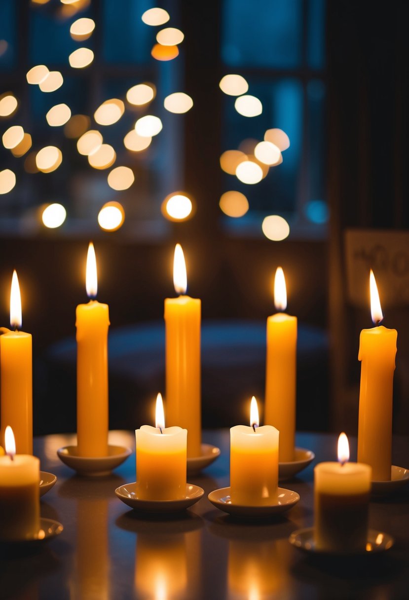 Candles flicker in a dimly lit room, casting a warm glow on the surrounding area. A table is adorned with several memorial candles, each one representing a cherished memory