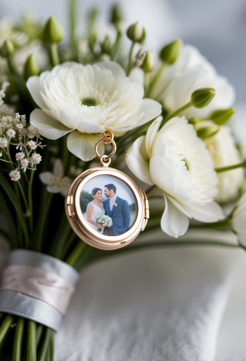 A bouquet of delicate flowers with a small locket attached, containing a picture, symbolizing a loving memory for a wedding