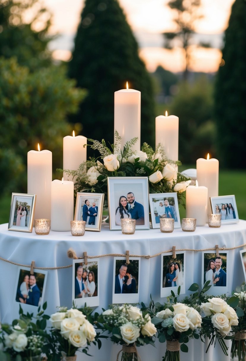 A memorial table adorned with photos and candles, creating a loving tribute for a wedding in memory of loved ones