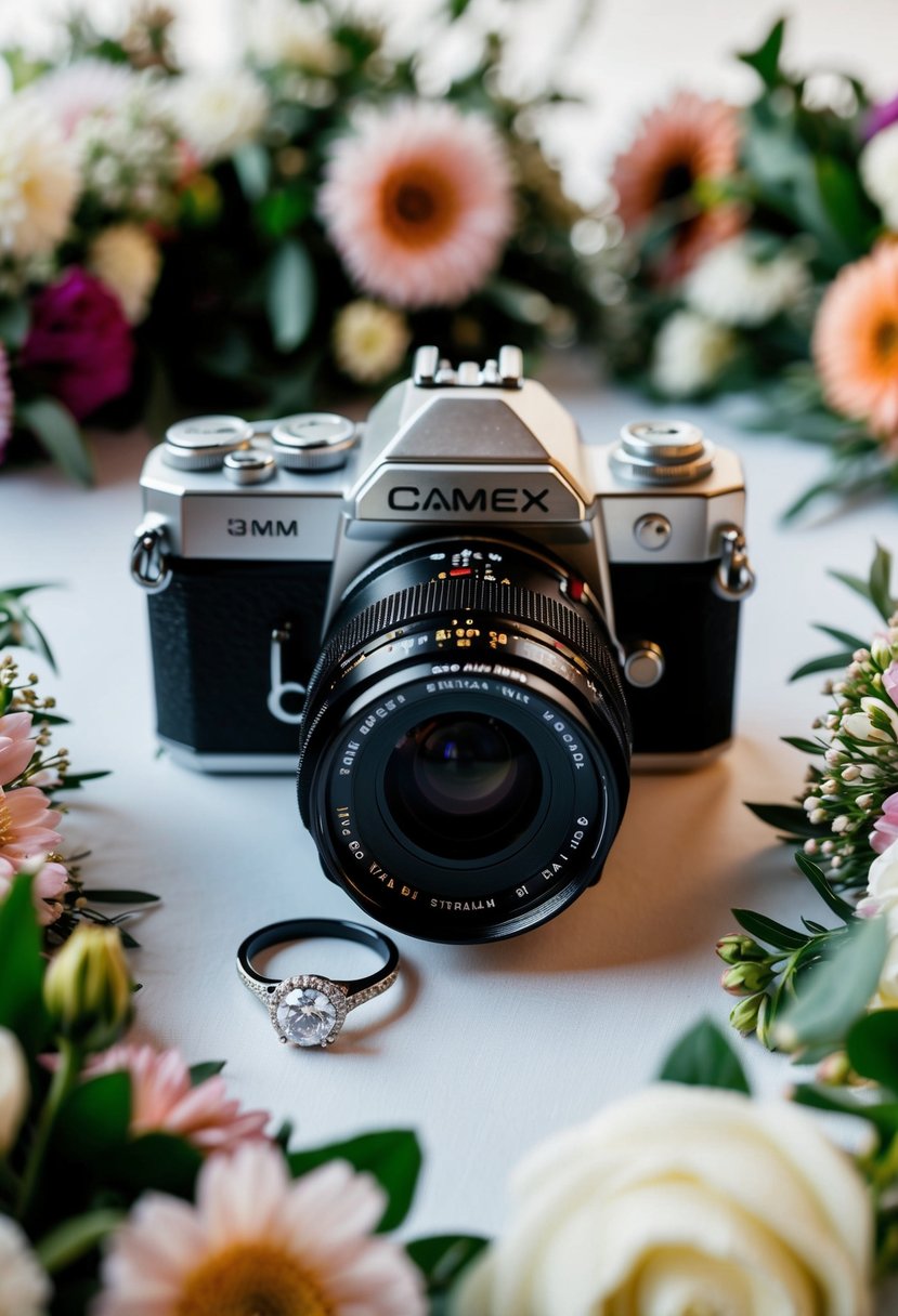 A camera with a wedding setting, surrounded by flowers and a ring