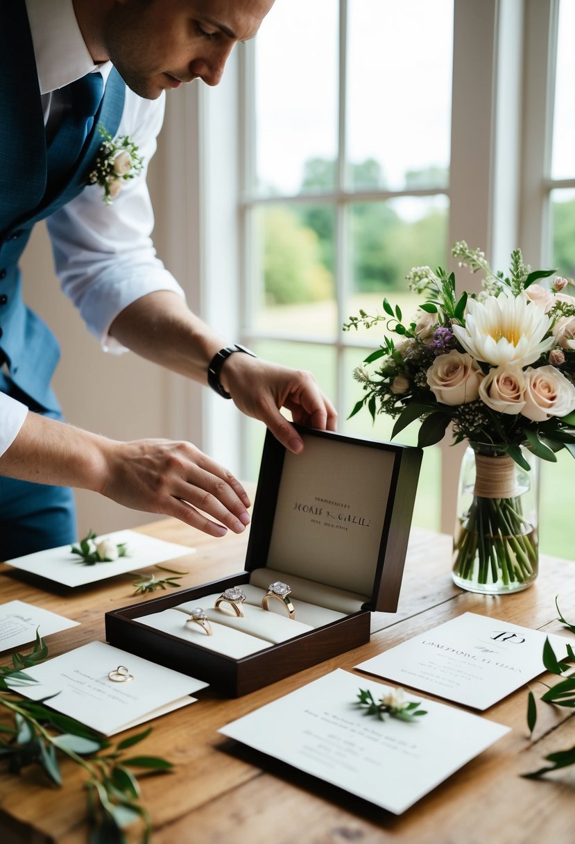 A wedding photographer arranging a display of wedding rings, flowers, and invitation cards on a wooden table with soft natural light streaming in from a nearby window