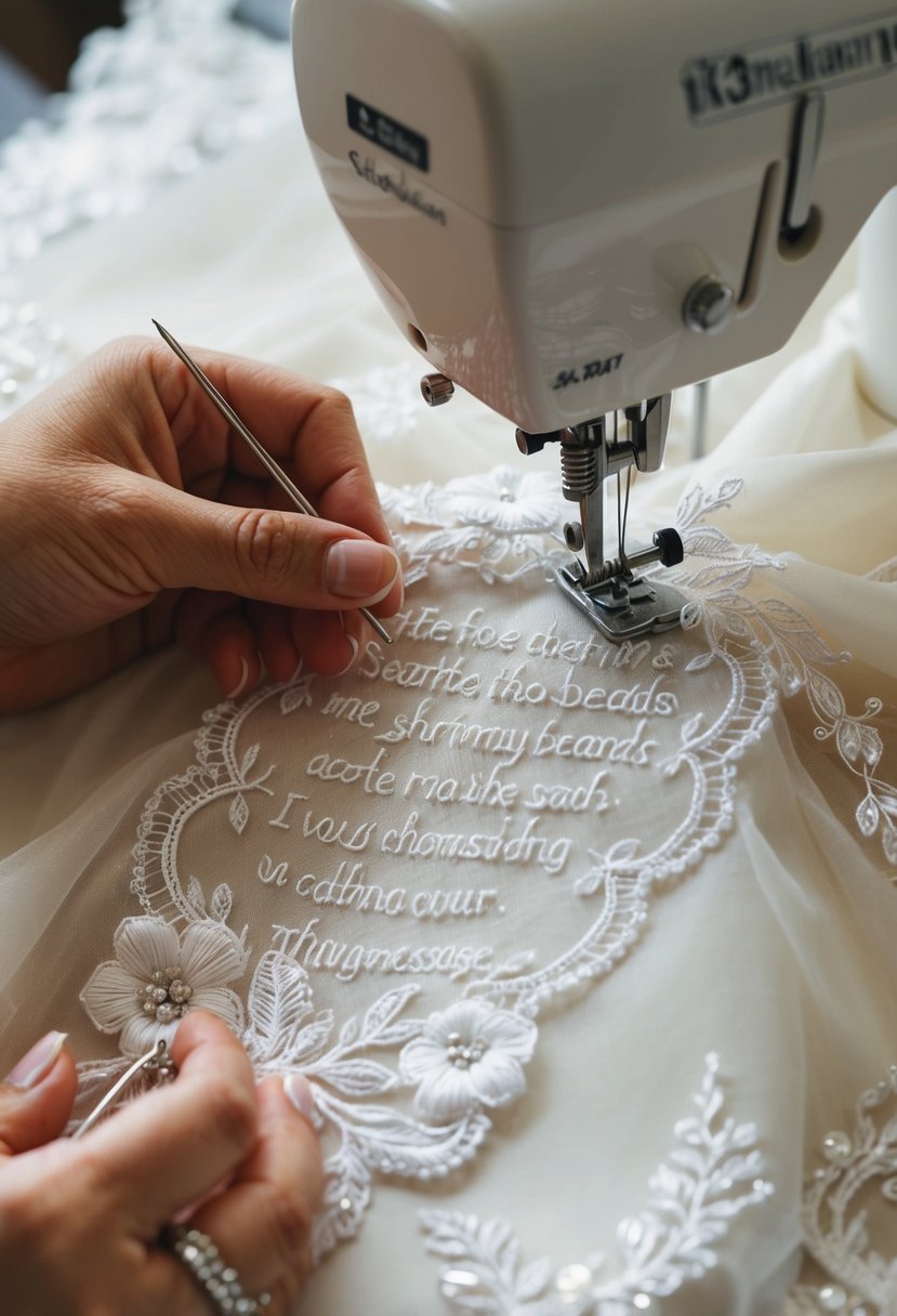 A seamstress carefully embroiders a heartfelt message onto a wedding dress, surrounded by delicate lace and shimmering beads