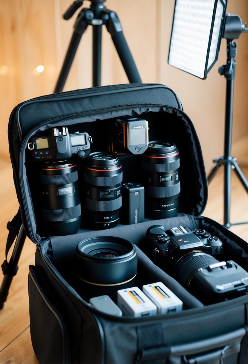 A photographer's bag open, revealing extra camera bodies, lenses, and batteries. Tripod and lighting equipment stand nearby