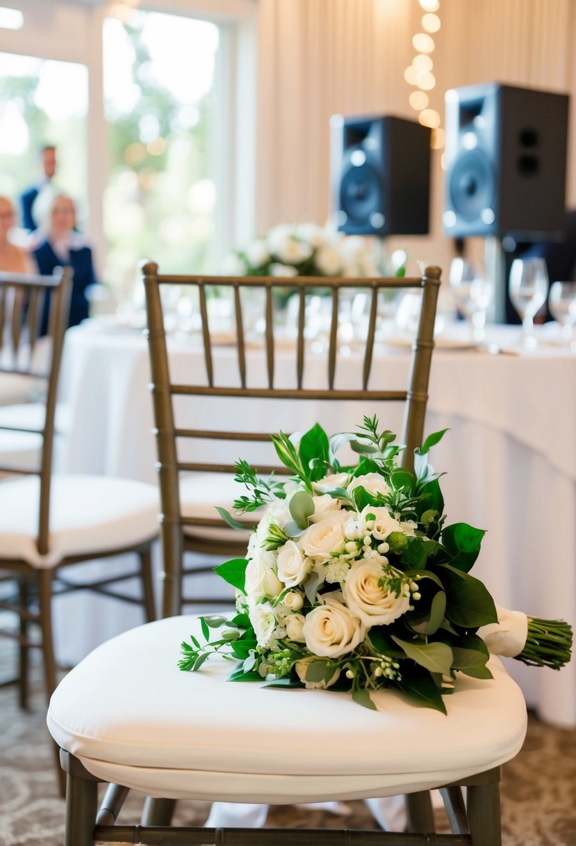 A bride's bouquet lies on an empty chair, while a speaker plays their favorite song at the reception