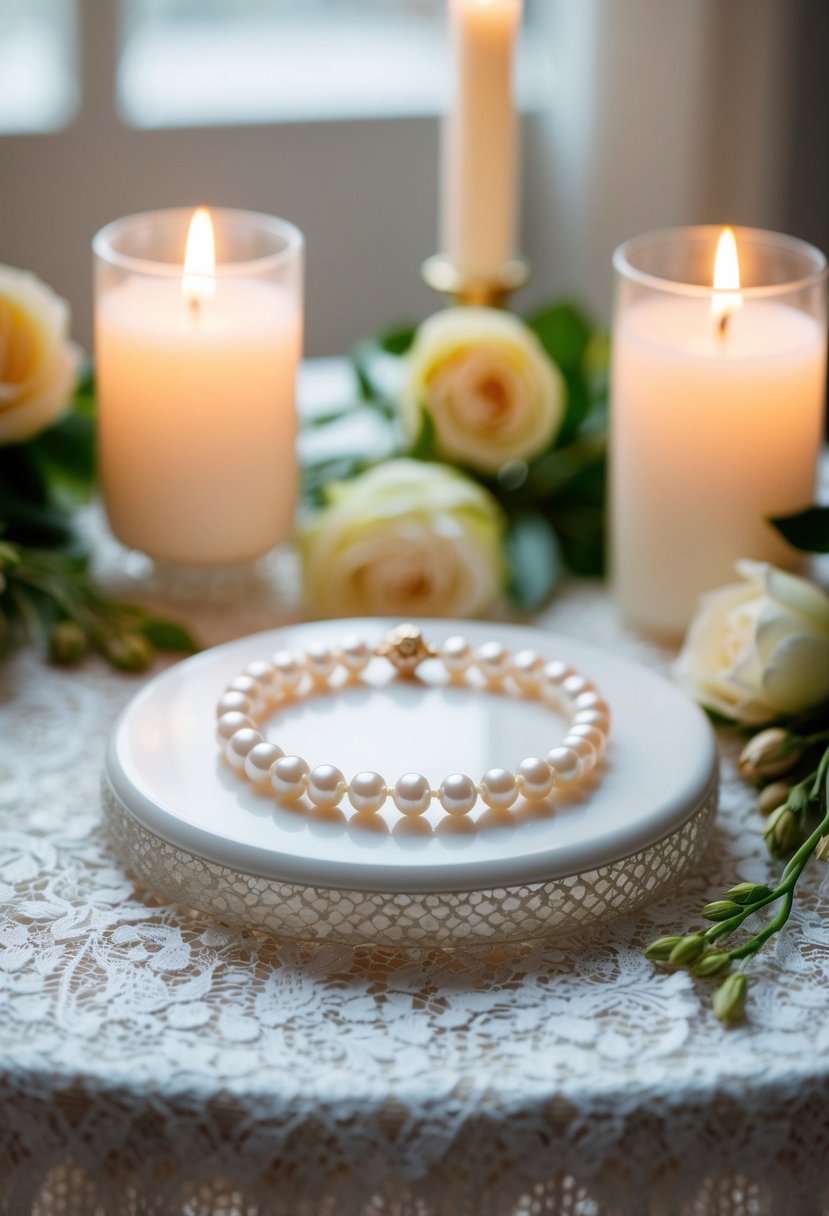 A delicate pearl necklace rests on a lace-covered table, surrounded by soft candlelight and fresh flowers