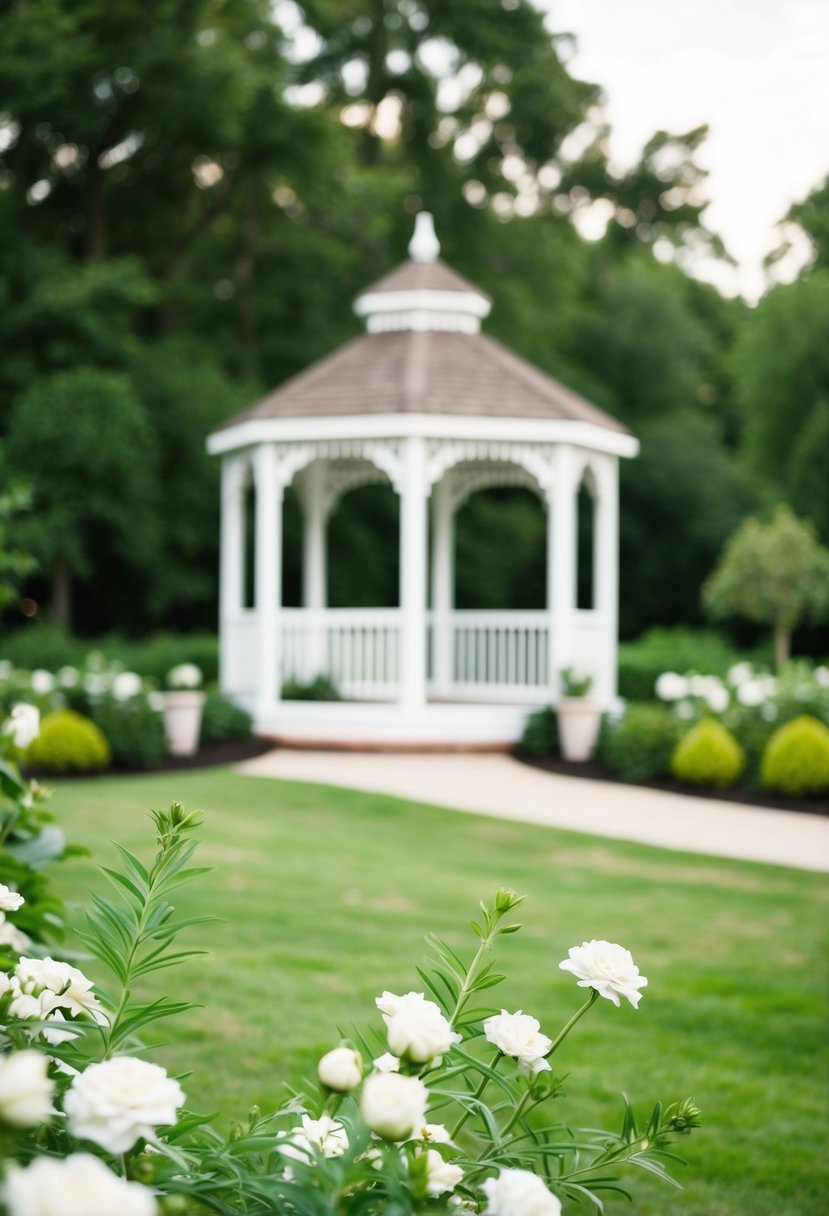 A serene outdoor wedding venue with lush greenery and a picturesque gazebo in the background